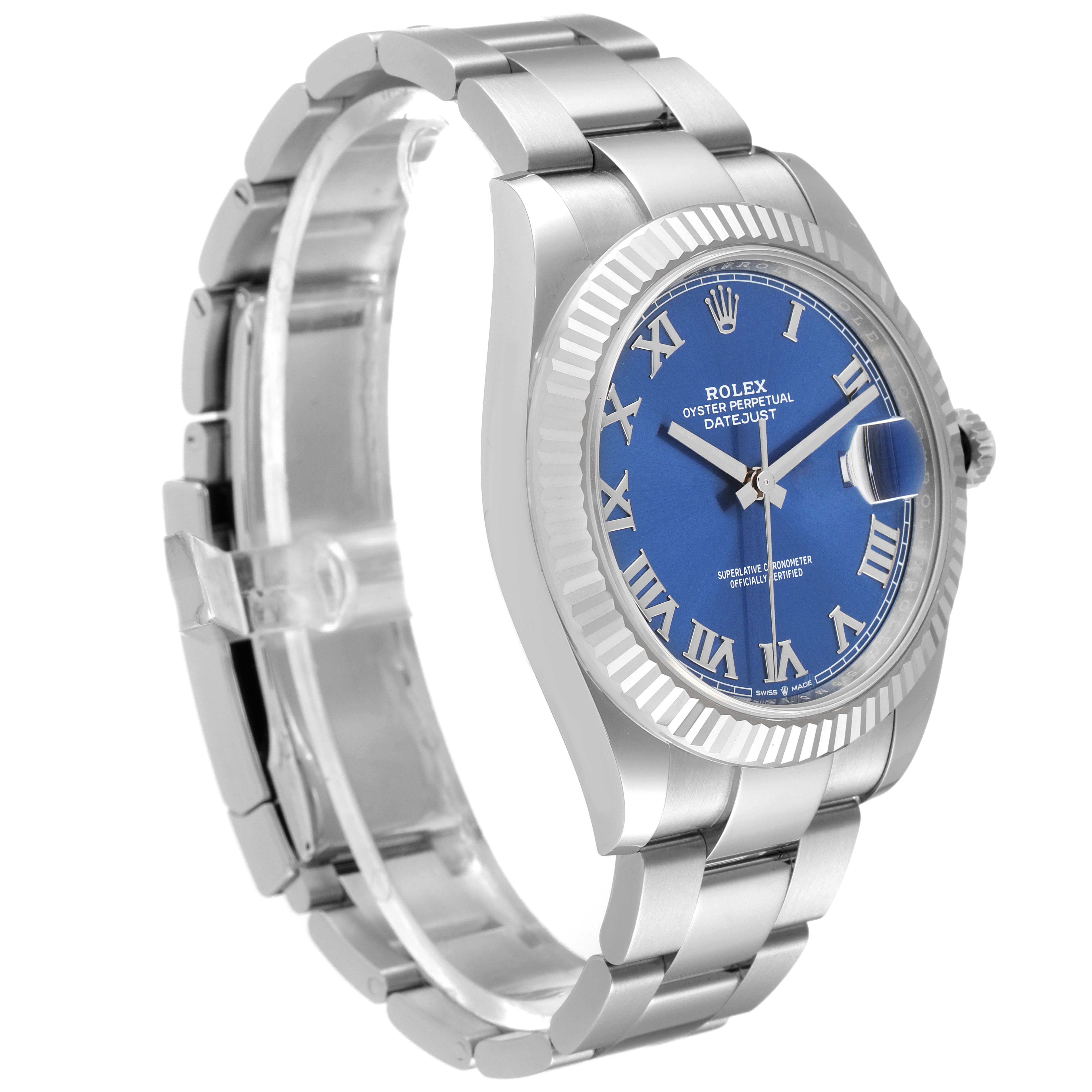 The Rolex Datejust 41 126334 Men's Stainless Steel Blue Dial 126334 Men's Stainless Steel Blue Dial watch is shown at a left-side angle, highlighting the blue dial, fluted bezel, and oyster bracelet.