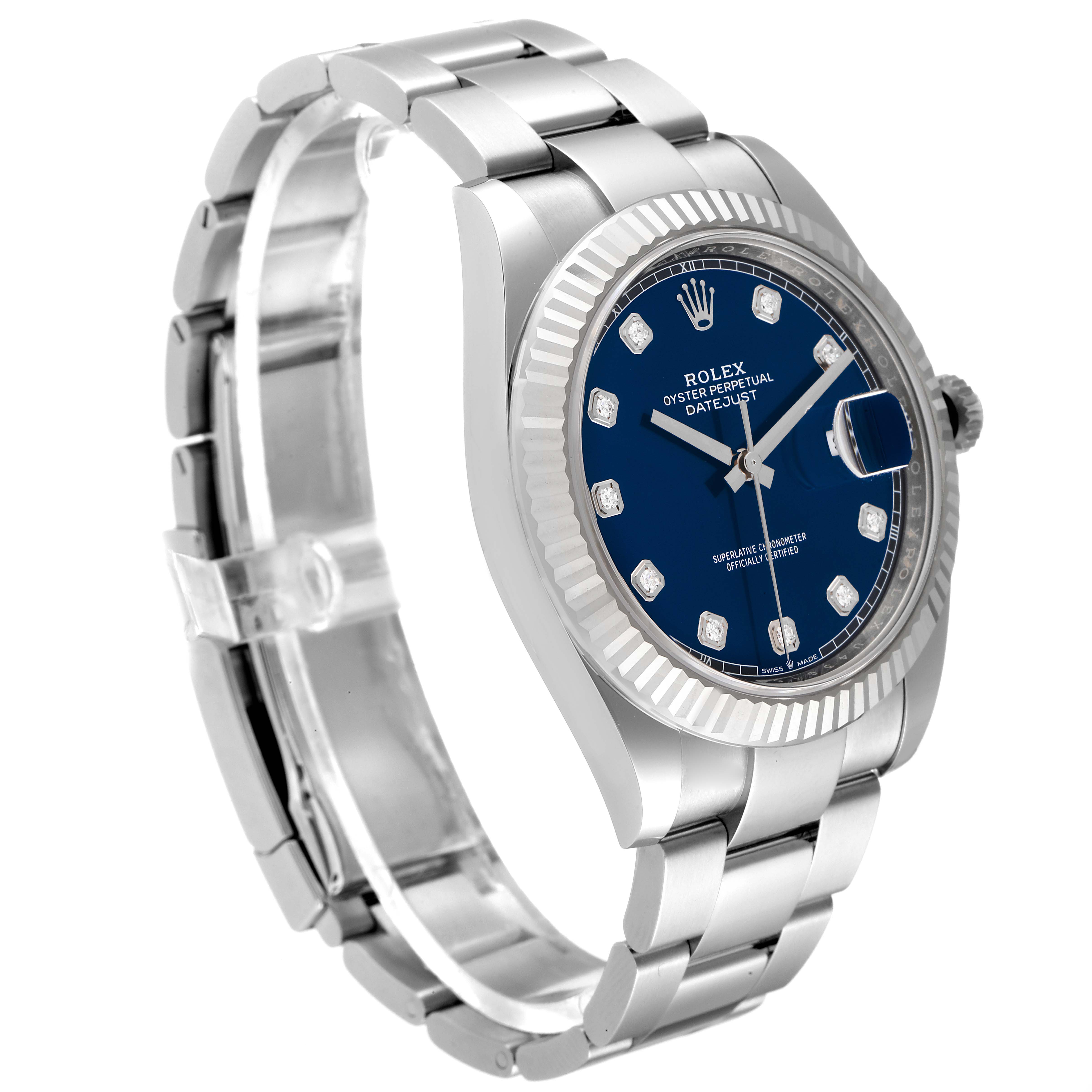 The image shows a Rolex Datejust 41 126334 Men's Stainless Steel Blue Dial 126334 Men's Stainless Steel Blue Dial watch from a diagonal front angle, highlighting its oyster bracelet, blue dial with diamond markers, and fluted bezel.