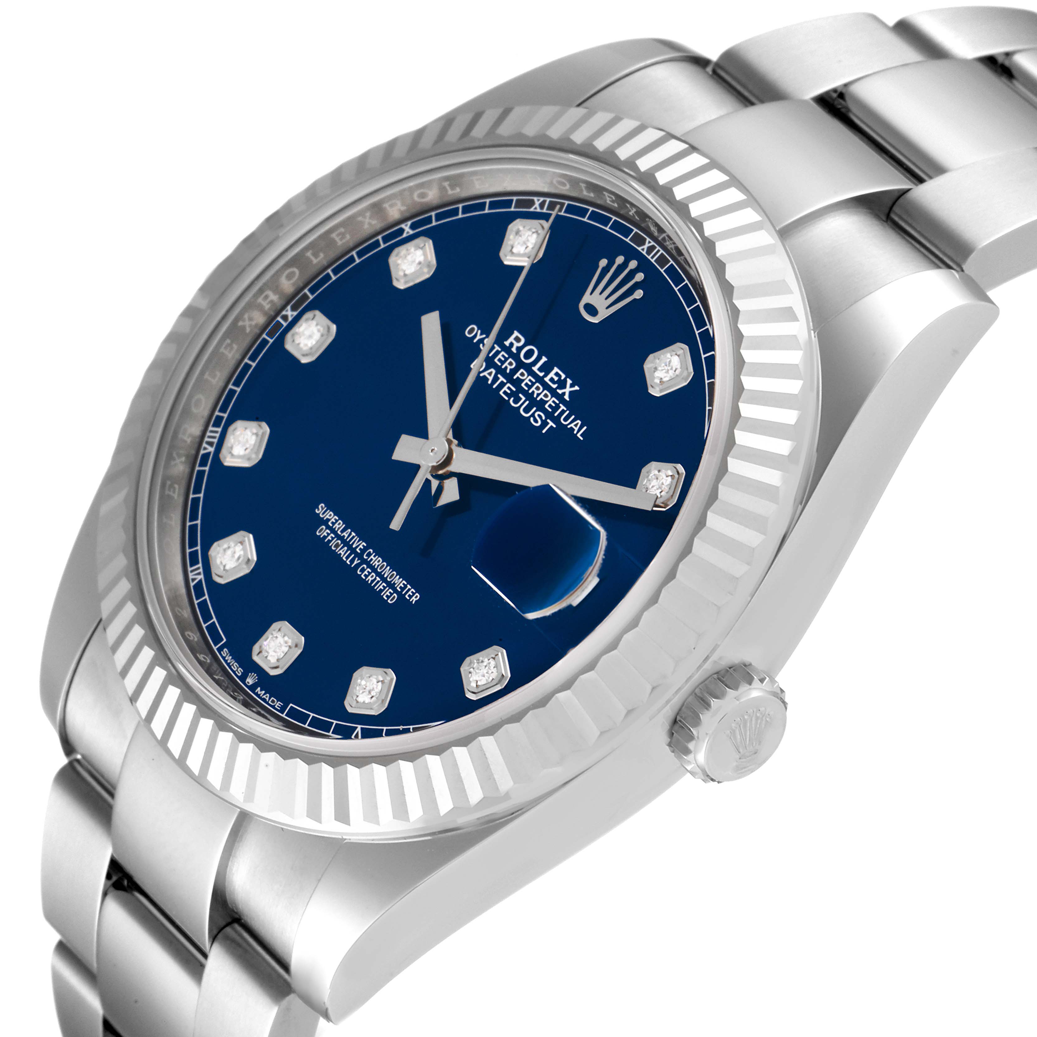 The image shows an angled close-up of the Rolex Datejust 41 126334 Men's Stainless Steel Blue Dial 126334 Men's Stainless Steel Blue Dial watch, highlighting the dial, bezel, and part of the bracelet.