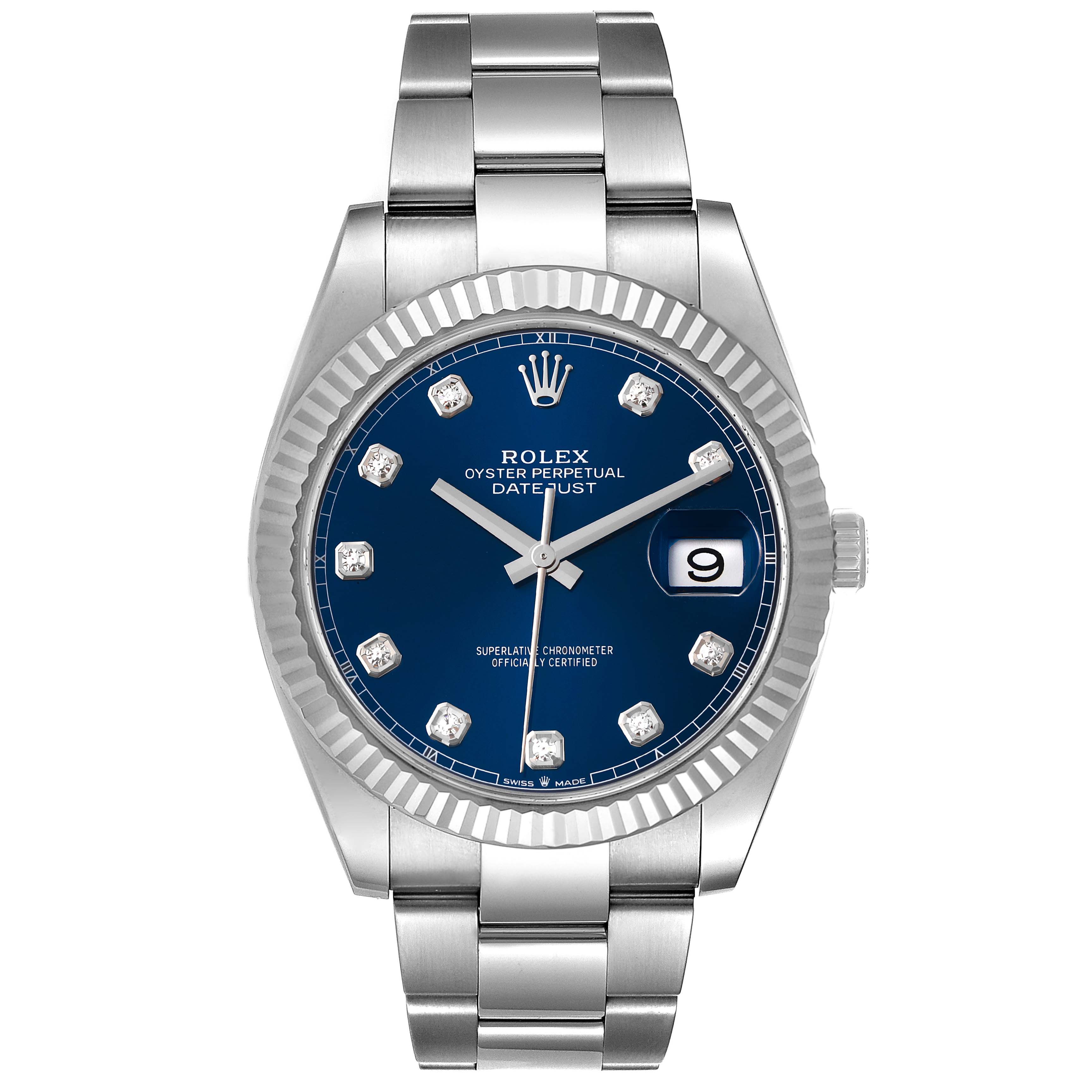 This image shows a front view of a Rolex Datejust 41 126334 Men's Stainless Steel Blue Dial 126334 Men's Stainless Steel Blue Dial with a blue dial, fluted bezel, and silver bracelet.