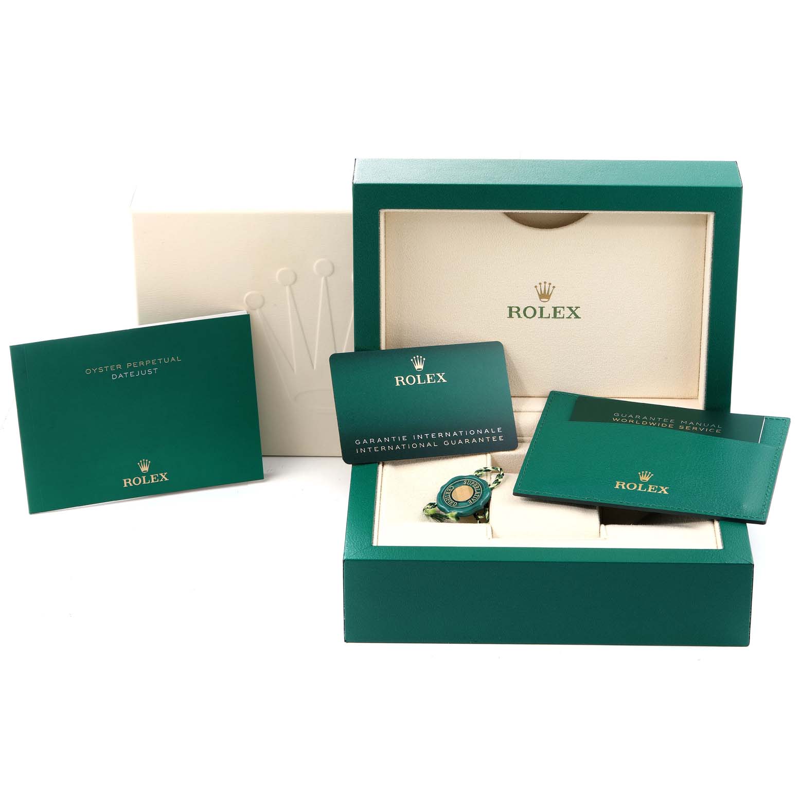 The image shows the Rolex Datejust 41 126334 Men's Stainless Steel Blue Dial 126334 Men's Stainless Steel Blue Dial model's box, warranty card, and manuals from a front angle.