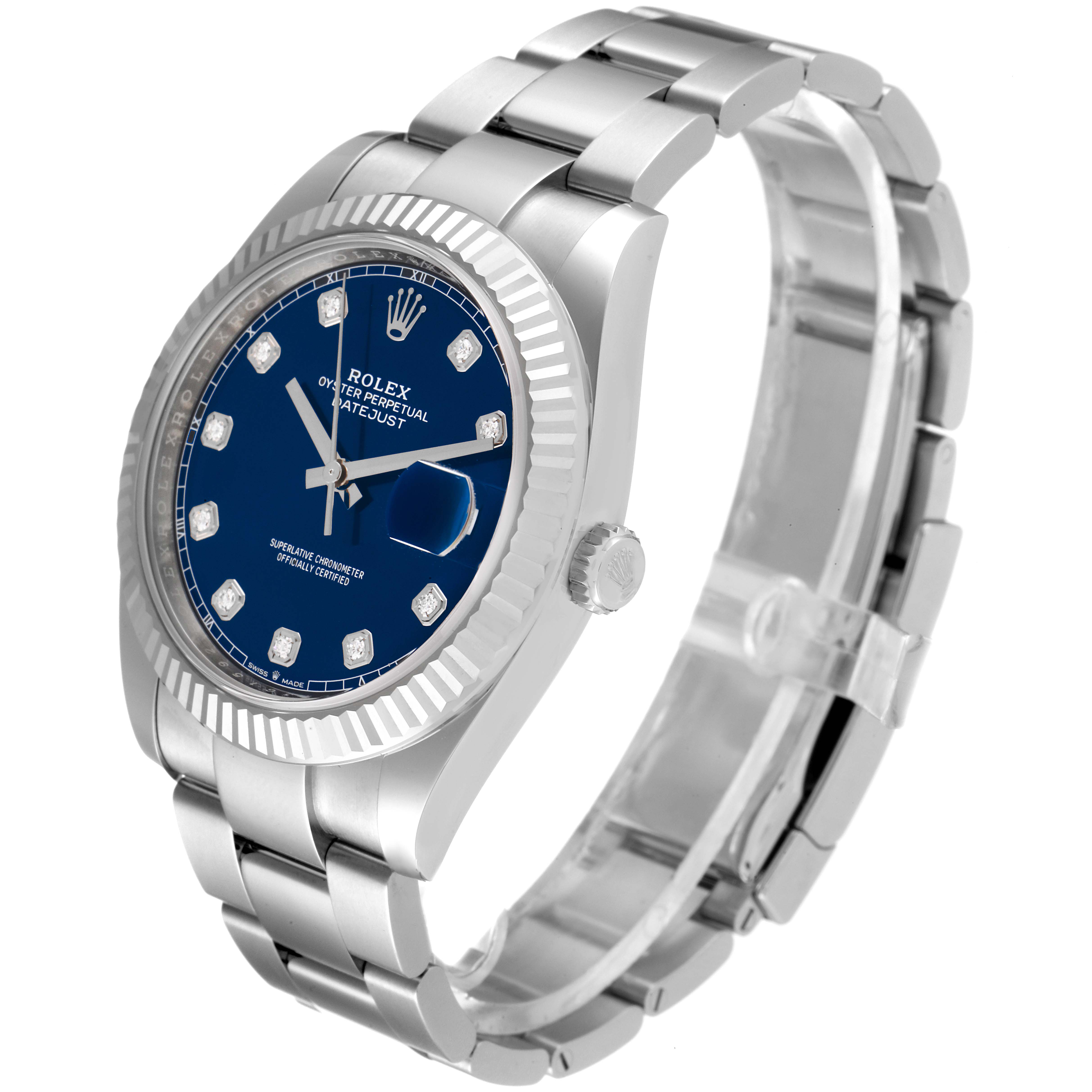 The image shows a side angle of the Rolex Datejust 41 126334 Men's Stainless Steel Blue Dial 126334 Men's Stainless Steel Blue Dial watch, highlighting its blue dial, fluted bezel, and Oyster bracelet.