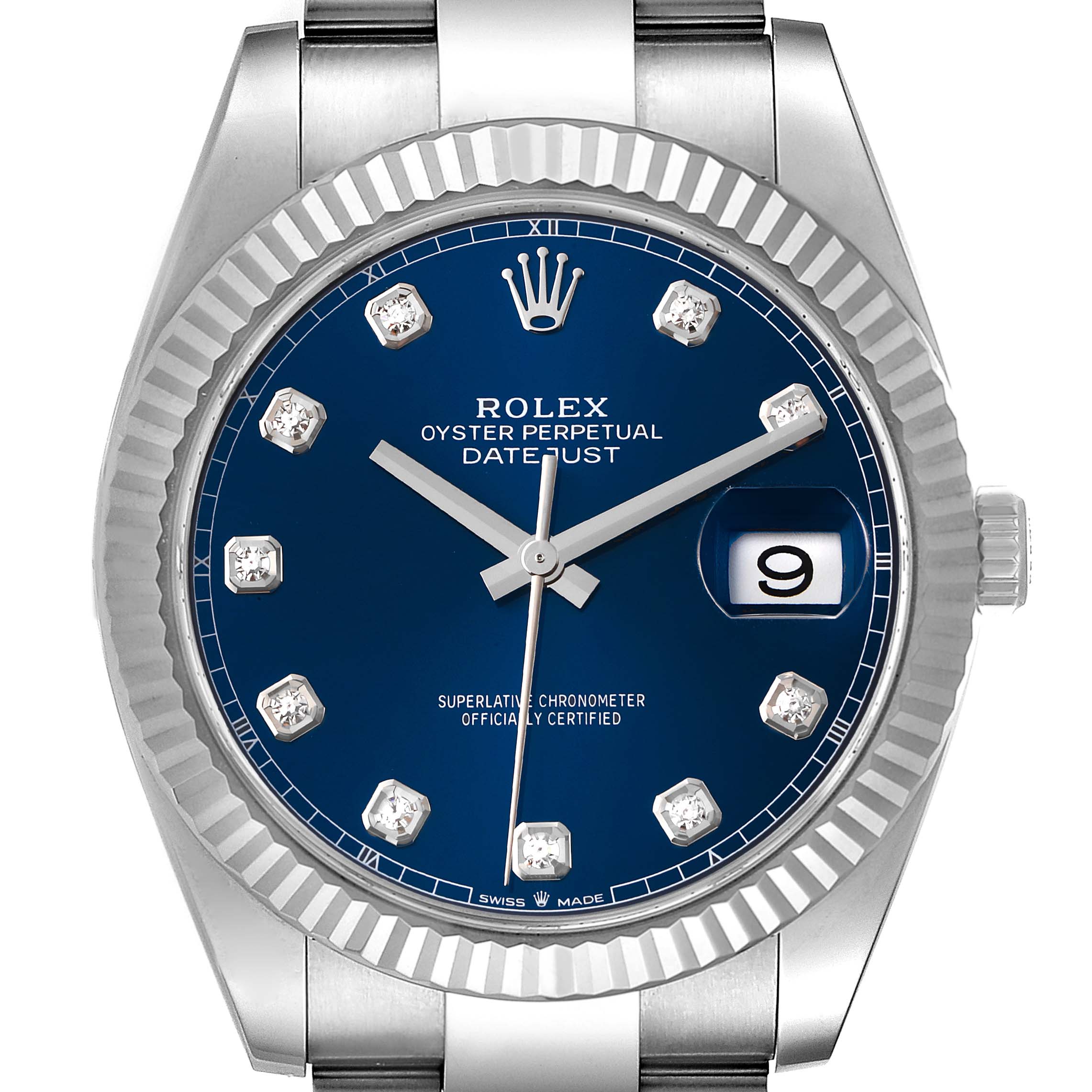 This image shows a front view of the Rolex Datejust 41 126334 Men's Stainless Steel Blue Dial 126334 Men's Stainless Steel Blue Dial watch highlighting its blue dial, diamond hour markers, fluted bezel, and date window.
