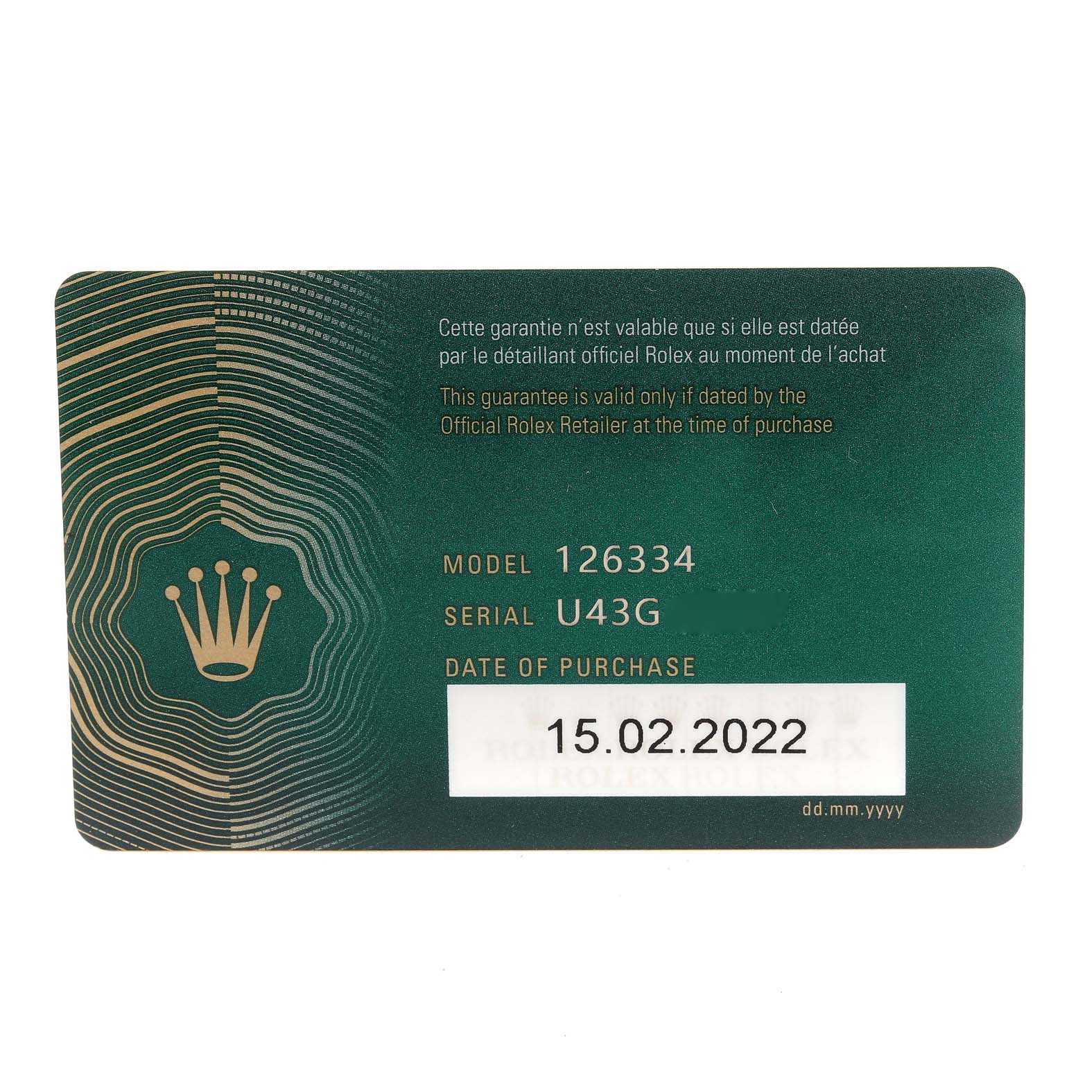 The image shows a guarantee card for the Rolex Datejust 41 126334 Men's Stainless Steel Blue Dial 126334 Men's Stainless Steel Blue Dial model, displaying the model and serial number, and date of purchase.