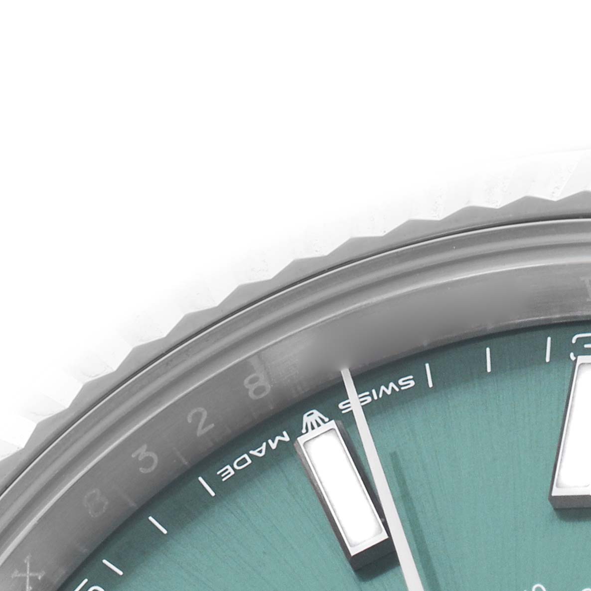 The image shows a close-up of the watch face and bezel of the Rolex Datejust 41 126334 Men's Stainless Steel Green Dial 126334 Men's Stainless Steel Green Dial model.