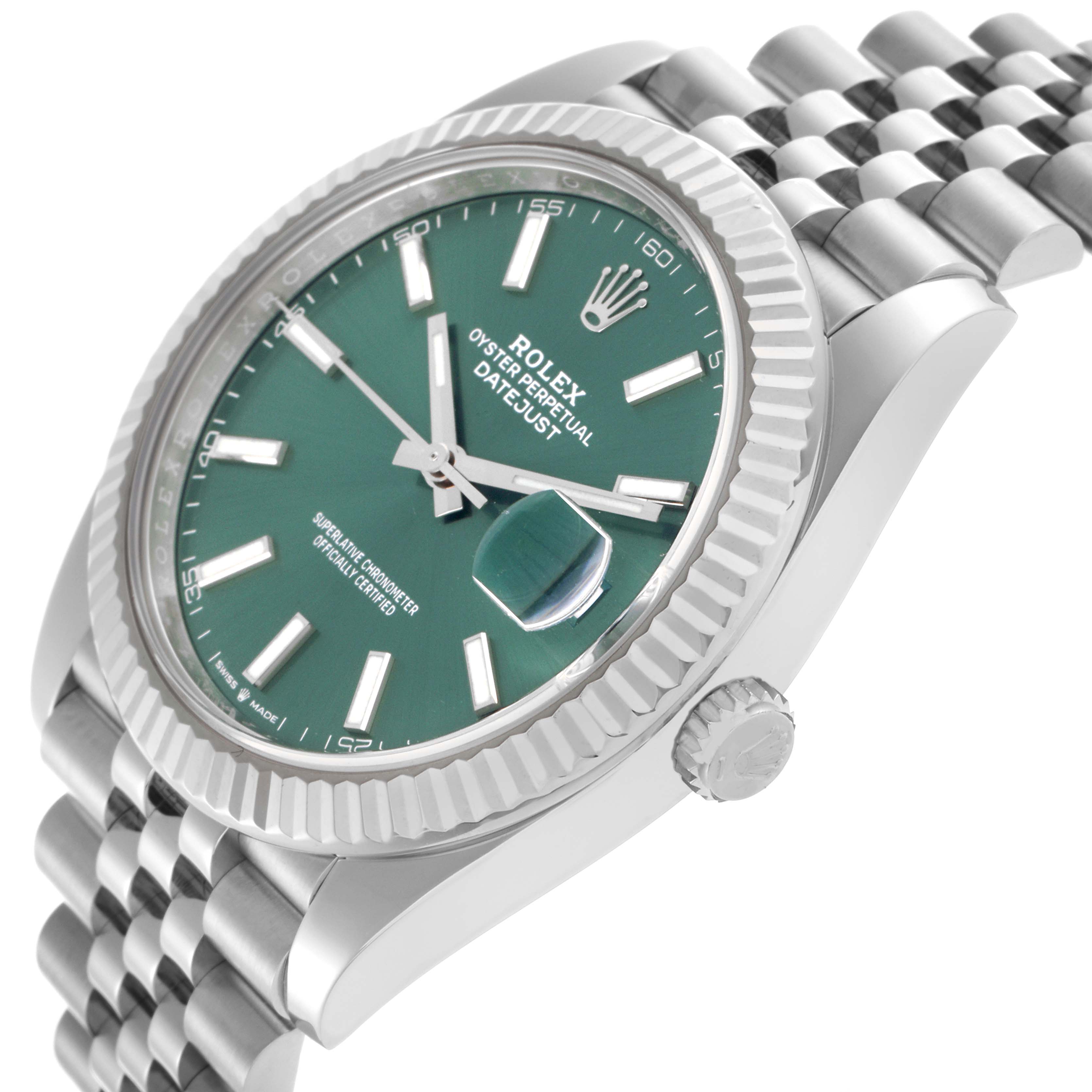 The Rolex Datejust 41 126334 Men's Stainless Steel Green Dial 126334 Men's Stainless Steel Green Dial is shown at a slight angle, displaying the green dial, fluted bezel, Jubilee bracelet, and crown.