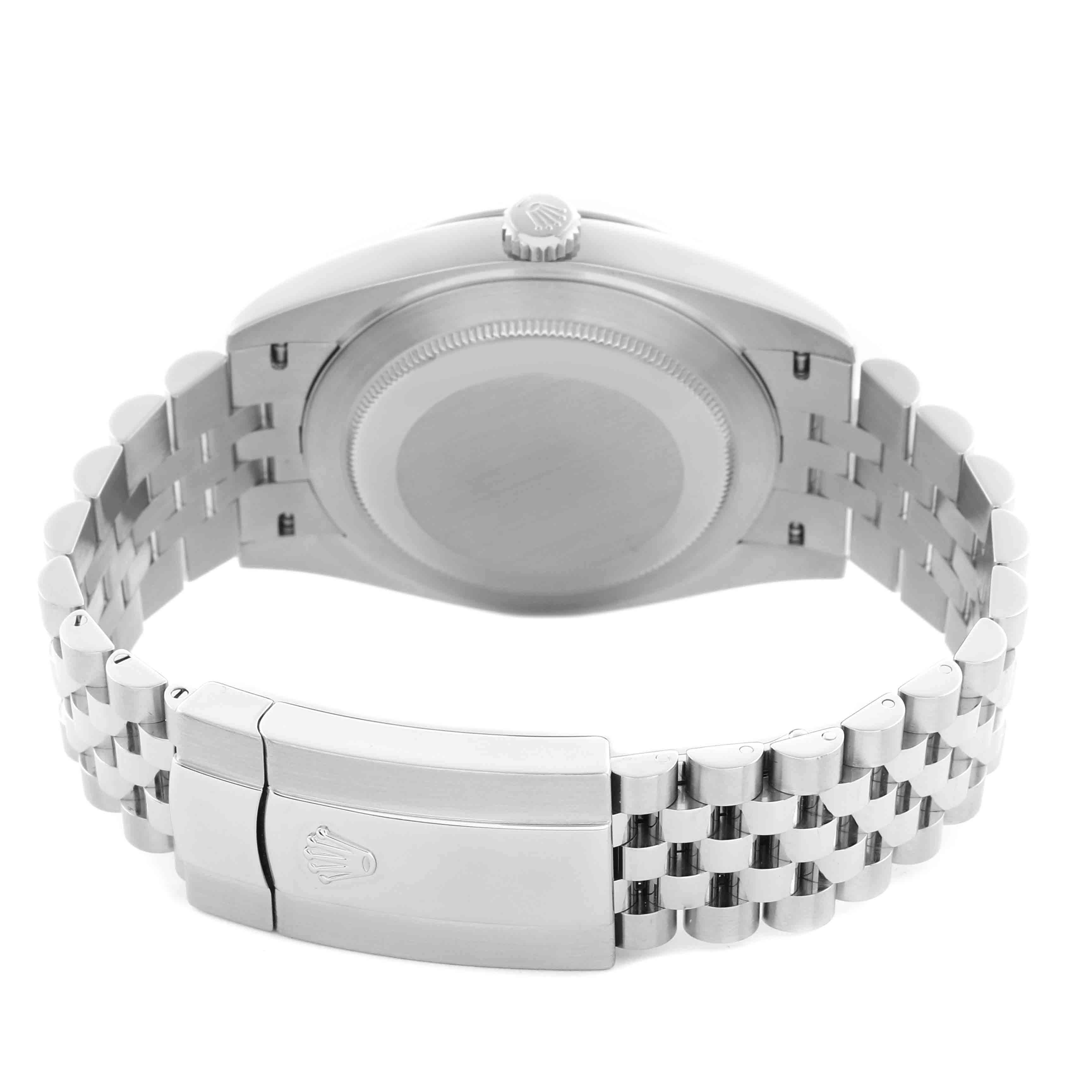 The image shows the back of the Rolex Datejust 41 126334 Men's Stainless Steel Green Dial 126334 Men's Stainless Steel Green Dial, focusing on the case back and band clasp.