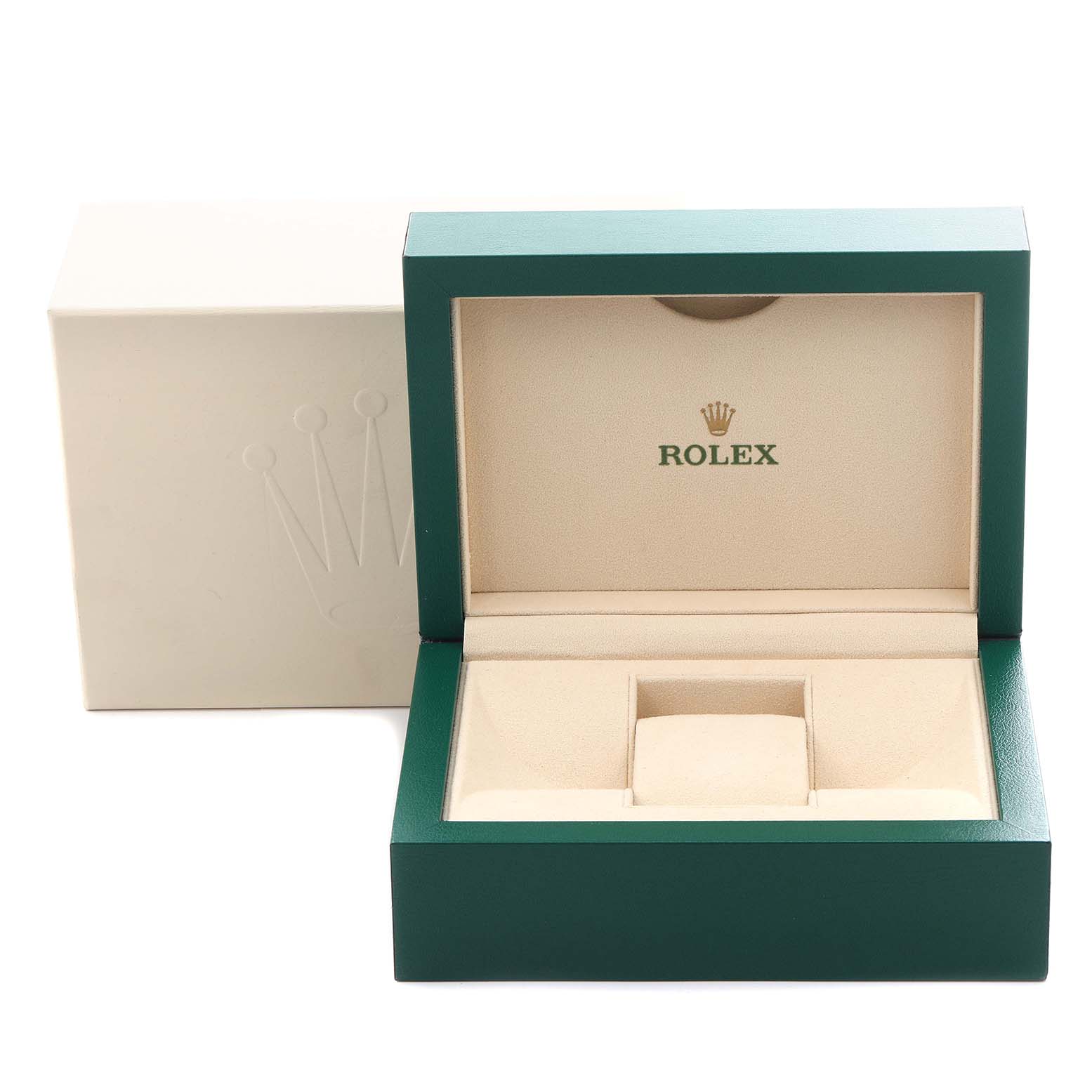 The image shows an open, empty Rolex box for the Datejust 41 model, with the lid and base visible.
