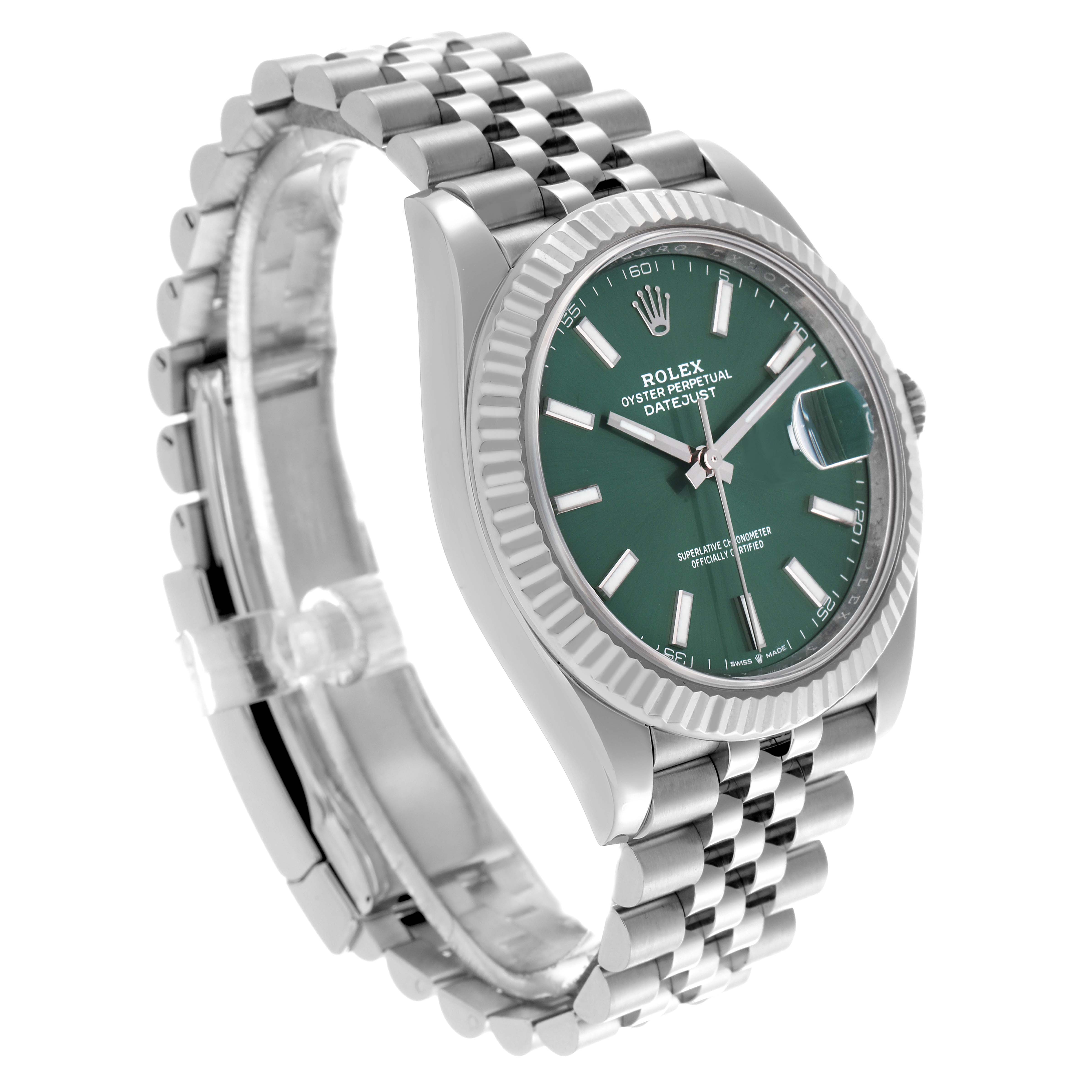 The Rolex Datejust 41 126334 Men's Stainless Steel Green Dial 126334 Men's Stainless Steel Green Dial is shown at a three-quarter angle, displaying its green dial, fluted bezel, and jubilee bracelet.