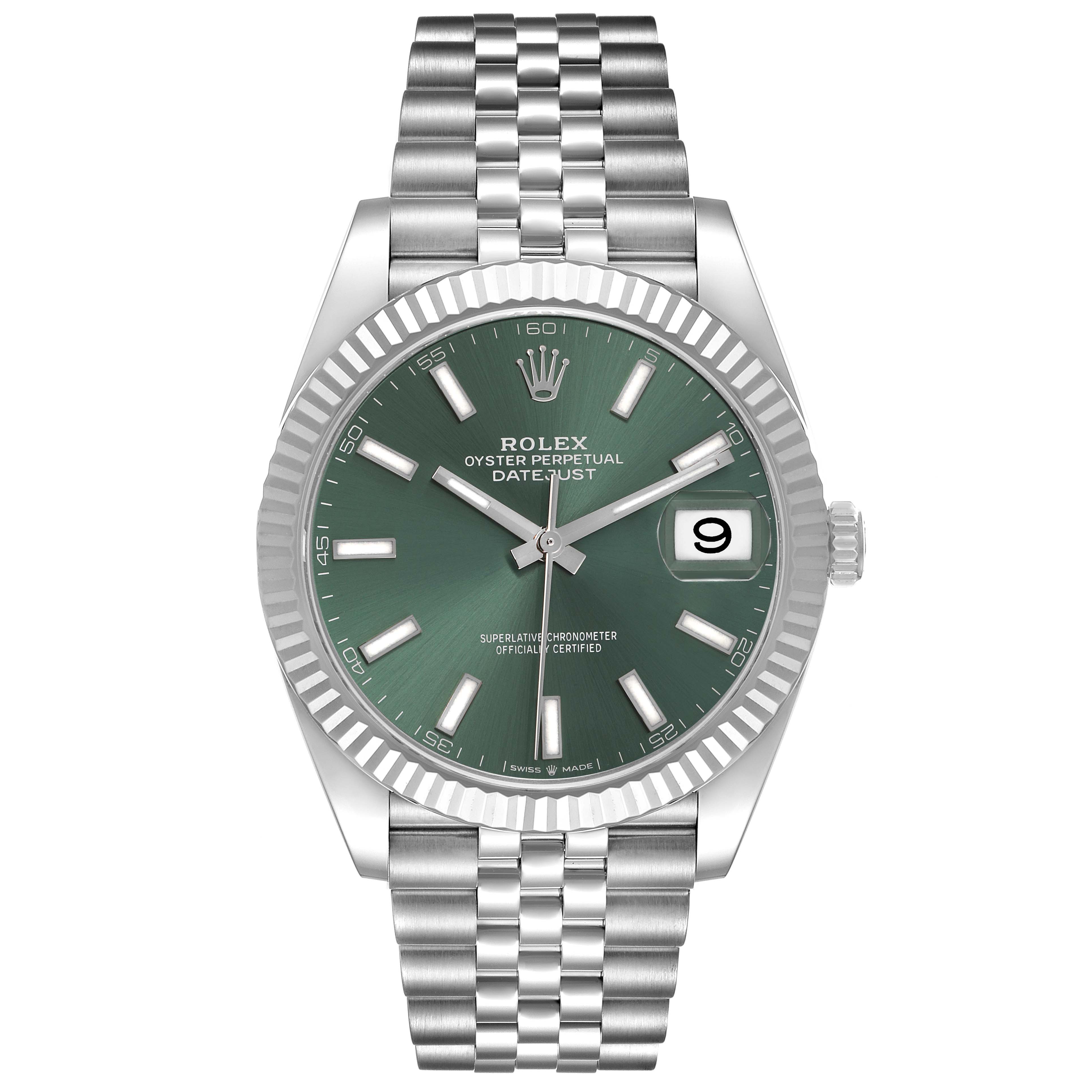 The Rolex Datejust 41 126334 Men's Stainless Steel Green Dial 126334 Men's Stainless Steel Green Dial is shown from the front, highlighting the face, bezel, and bracelet.
