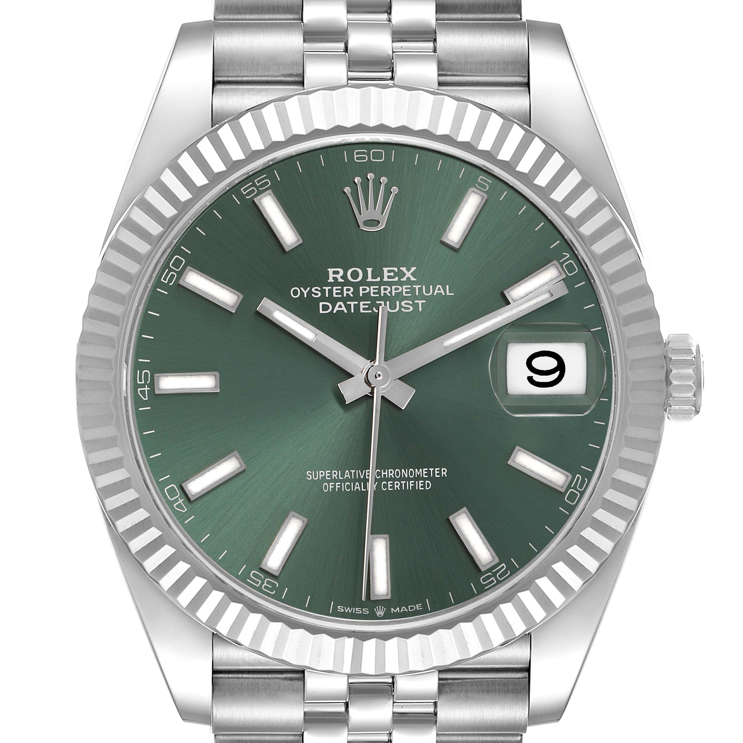 The Rolex Datejust 41 126334 Men's Stainless Steel Green Dial 126334 Men's Stainless Steel Green Dial watch is shown from a front angle, highlighting the green dial, fluted bezel, hands, date window, and part of the Jubilee bracelet.