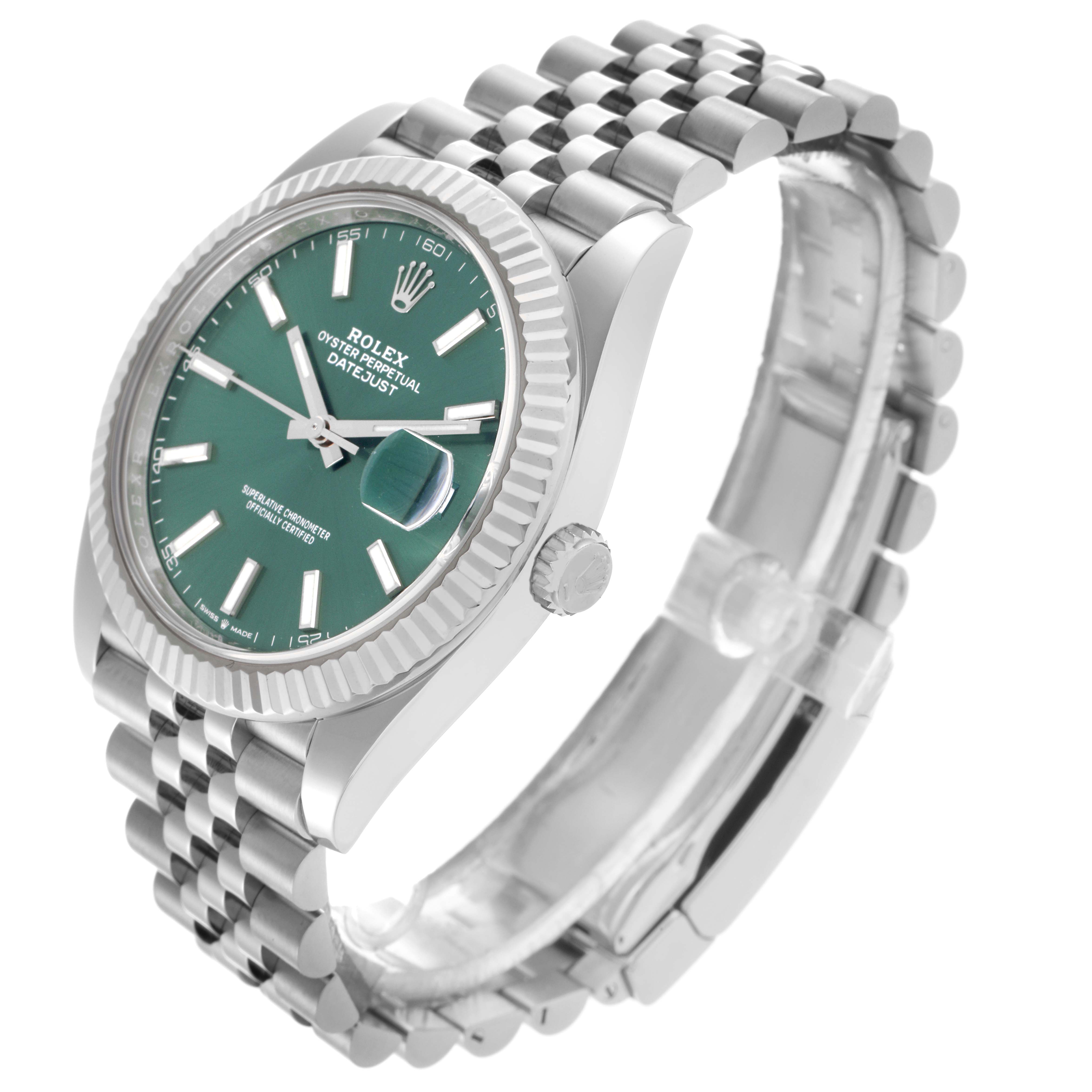 The Rolex Datejust 41 126334 Men's Stainless Steel Green Dial 126334 Men's Stainless Steel Green Dial is shown at a three-quarter angle displaying the green dial, fluted bezel, and Jubilee bracelet.