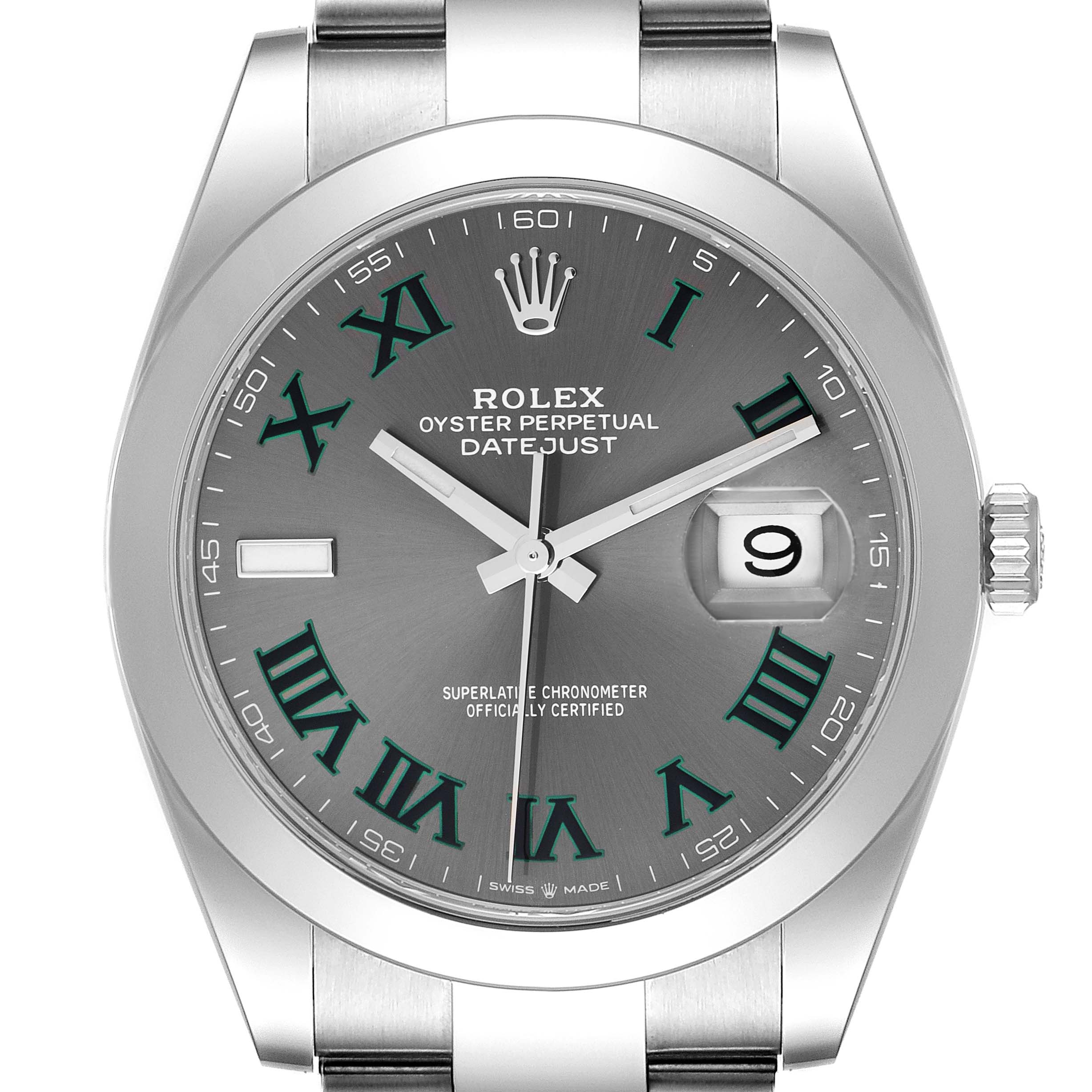 This image shows a Rolex Datejust 41 126300 Men
s Stainless Steel Grey Dial 126300 Men
s Stainless Steel Grey Dial watch, focusing on the dial, bezel, and part of the bracelet from a top-down angle.