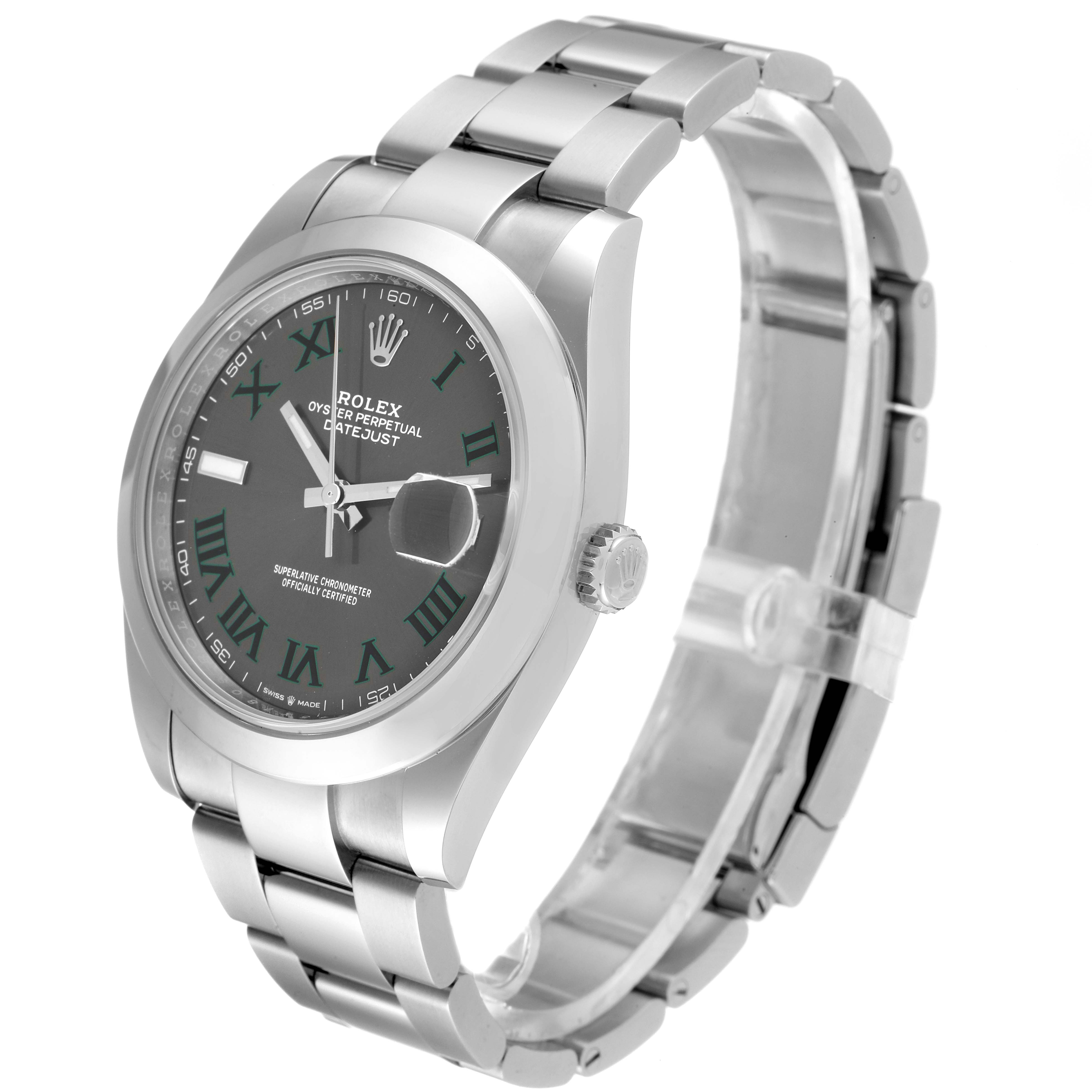 The image shows a Rolex Datejust 41 126300 Men
s Stainless Steel Grey Dial 126300 Men
s Stainless Steel Grey Dial watch at a slight side angle, highlighting its face, bezel, and metal bracelet.