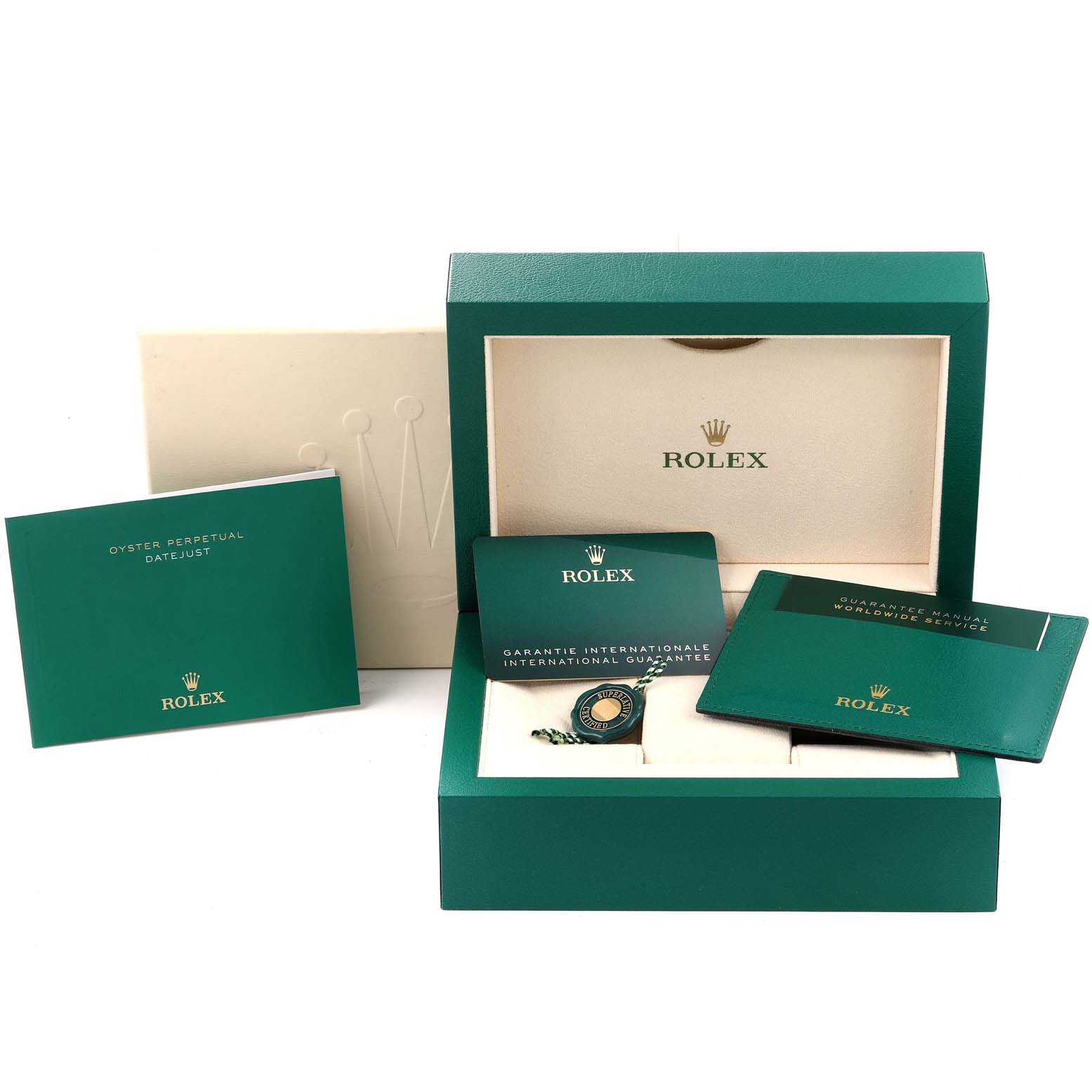 This image shows the packaging, warranty cards, and manuals for a Rolex Datejust 41 126300 Men
s Stainless Steel Grey Dial 126300 Men
s Stainless Steel Grey Dial watch.