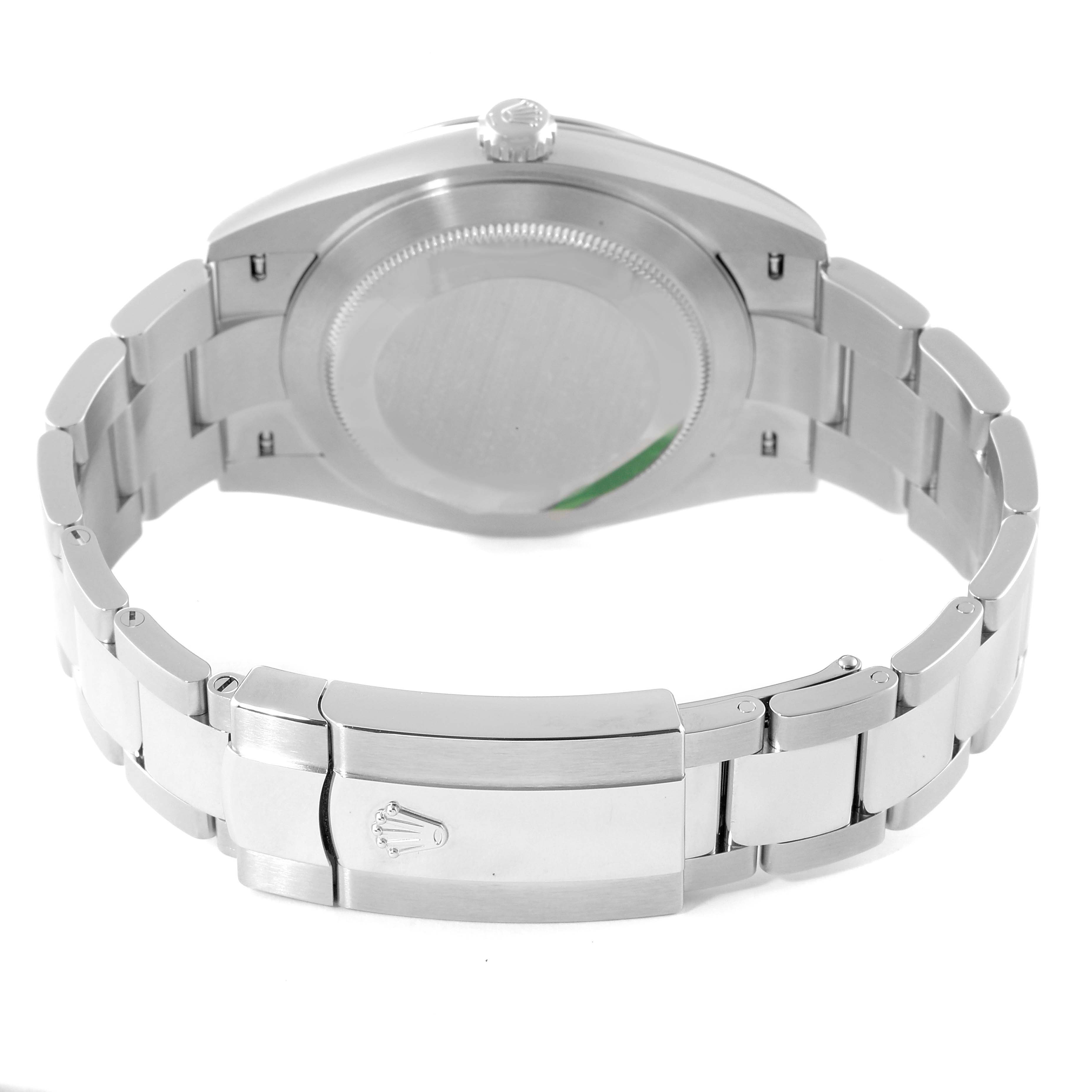 The image shows the back and bracelet of the Rolex Datejust 41 126300 Men
s Stainless Steel Grey Dial 126300 Men
s Stainless Steel Grey Dial, highlighting the case back, crown, and clasp with the Rolex logo.