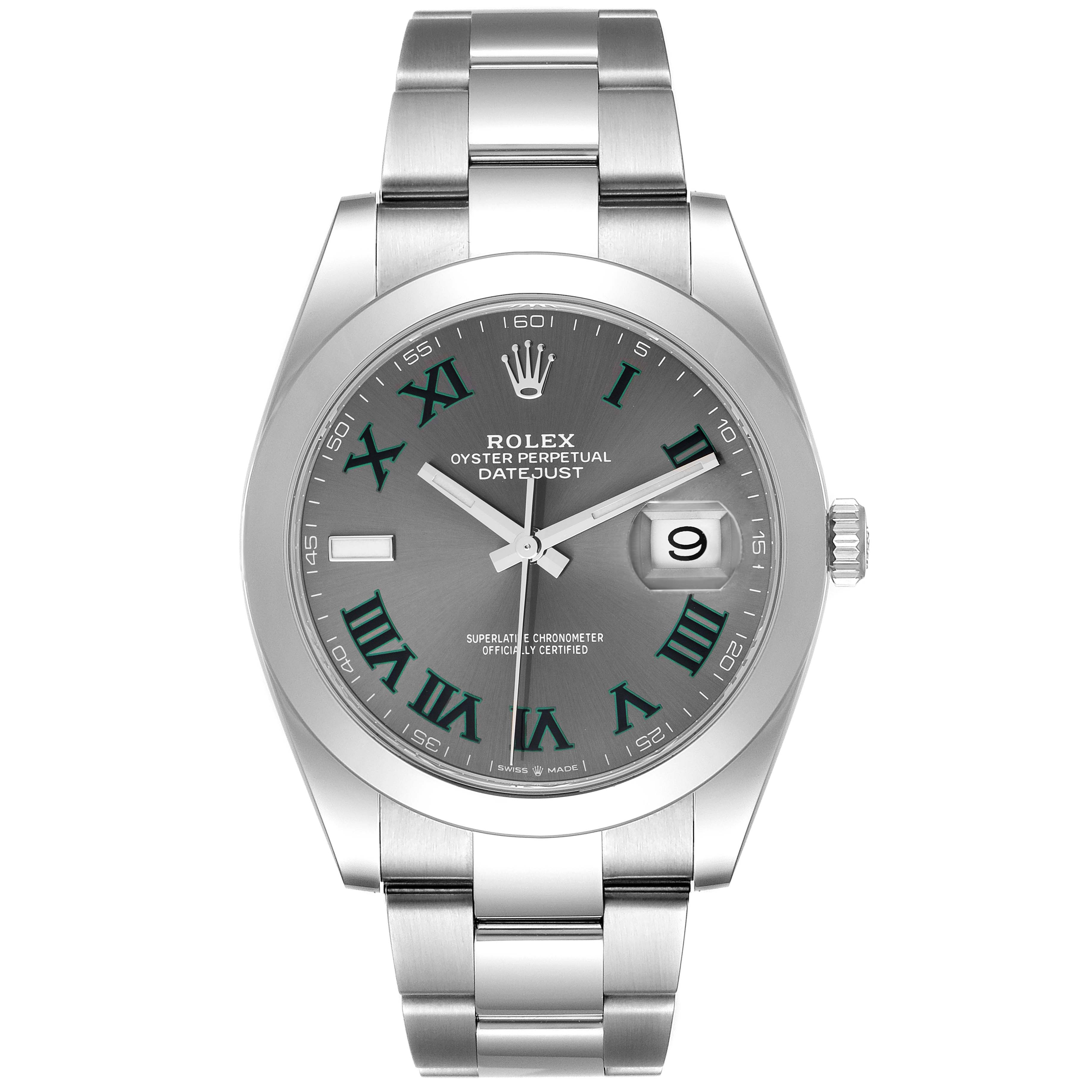 The image shows a front view of the Rolex Datejust 41 126300 Men
s Stainless Steel Grey Dial 126300 Men
s Stainless Steel Grey Dial, highlighting its dial, bezel, bracelet, and crown.