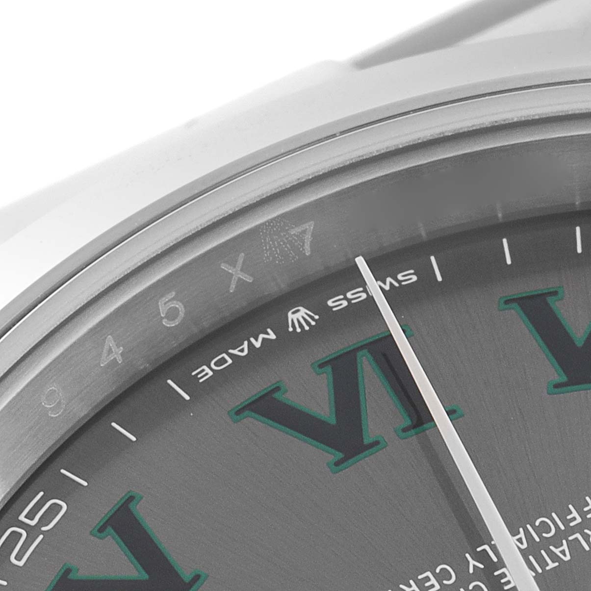 The image shows a close-up of the dial edge and bezel of a Rolex Datejust 41 126300 Men
s Stainless Steel Grey Dial 126300 Men
s Stainless Steel Grey Dial, focusing on the "Swiss Made" text and minute markers.