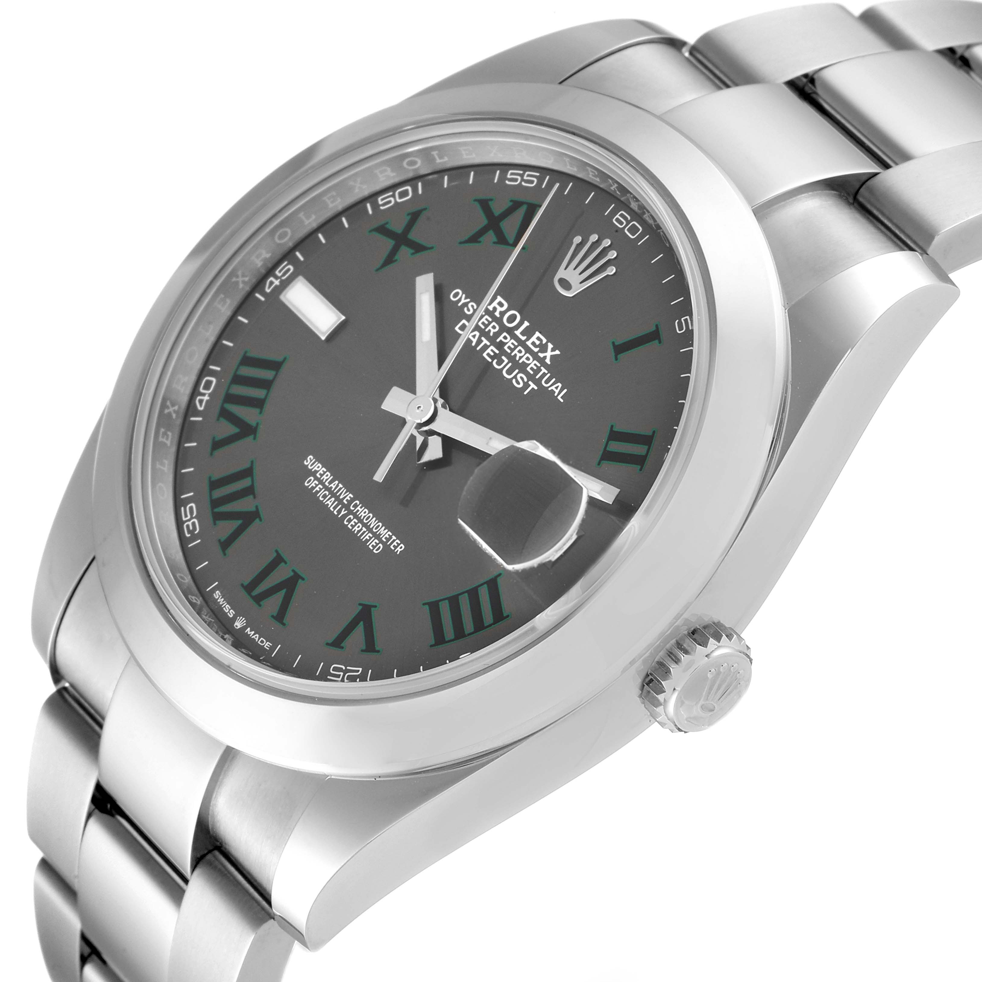 This image shows a close-up, angled view of the Rolex Datejust 41 126300 Men
s Stainless Steel Grey Dial 126300 Men
s Stainless Steel Grey Dial watch, highlighting the dial, bezel, and part of the bracelet.