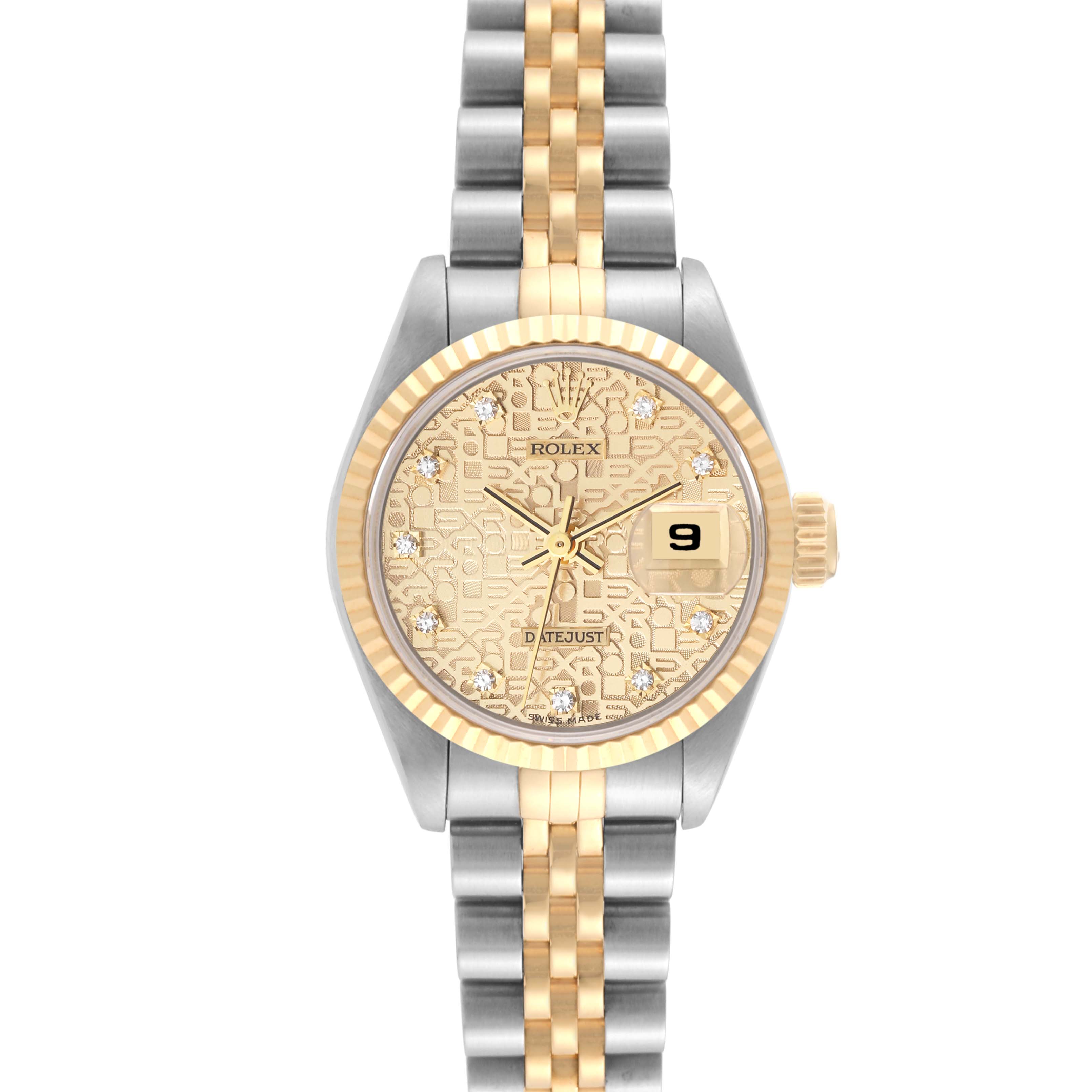 The image shows a front view of a Rolex Datejust 69173 Women's Steel and Gold (two tone) Champagne Dial 69173 Women's Steel and Gold (two tone) Champagne Dial watch with a two-tone bracelet and a gold dial featuring diamond hour markers.