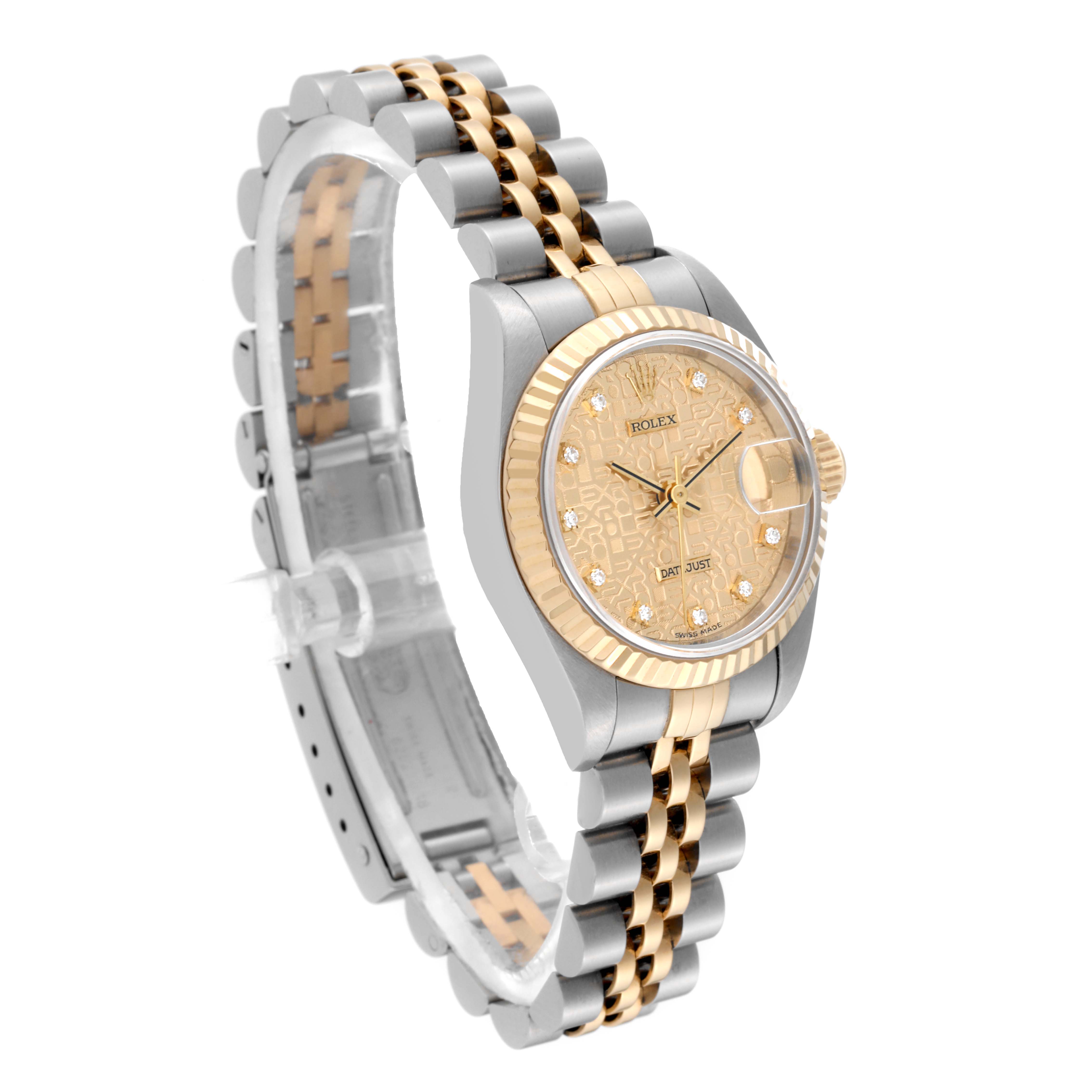 This is a side-view angle of a Rolex Datejust 69173 Women's Steel and Gold (two tone) Champagne Dial 69173 Women's Steel and Gold (two tone) Champagne Dial watch, showcasing its dial, bezel, case, and Jubilee bracelet.