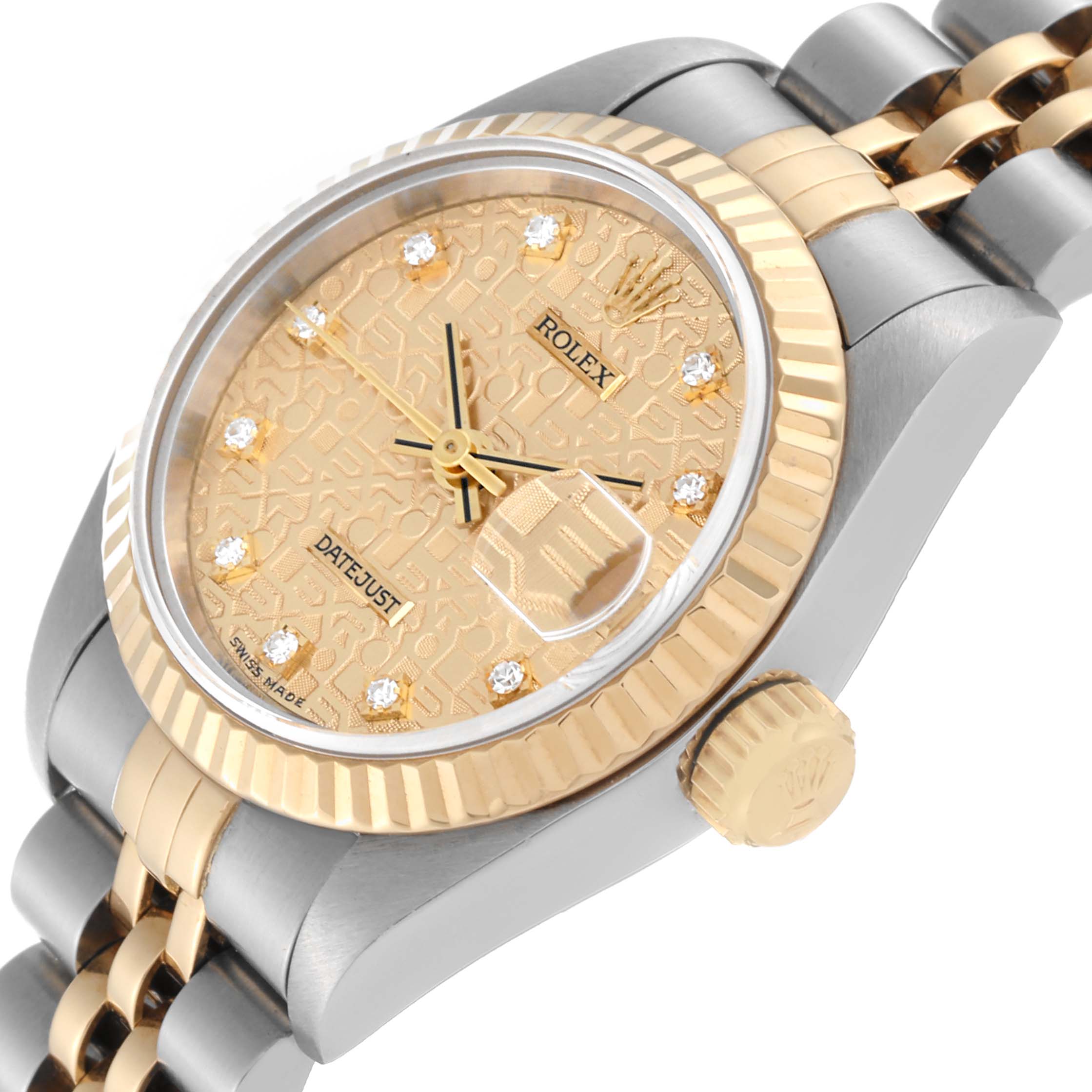 This image shows a close-up angle of the Rolex Datejust 69173 Women's Steel and Gold (two tone) Champagne Dial 69173 Women's Steel and Gold (two tone) Champagne Dial watch, highlighting the gold face, fluted bezel, and jubilee bracelet.