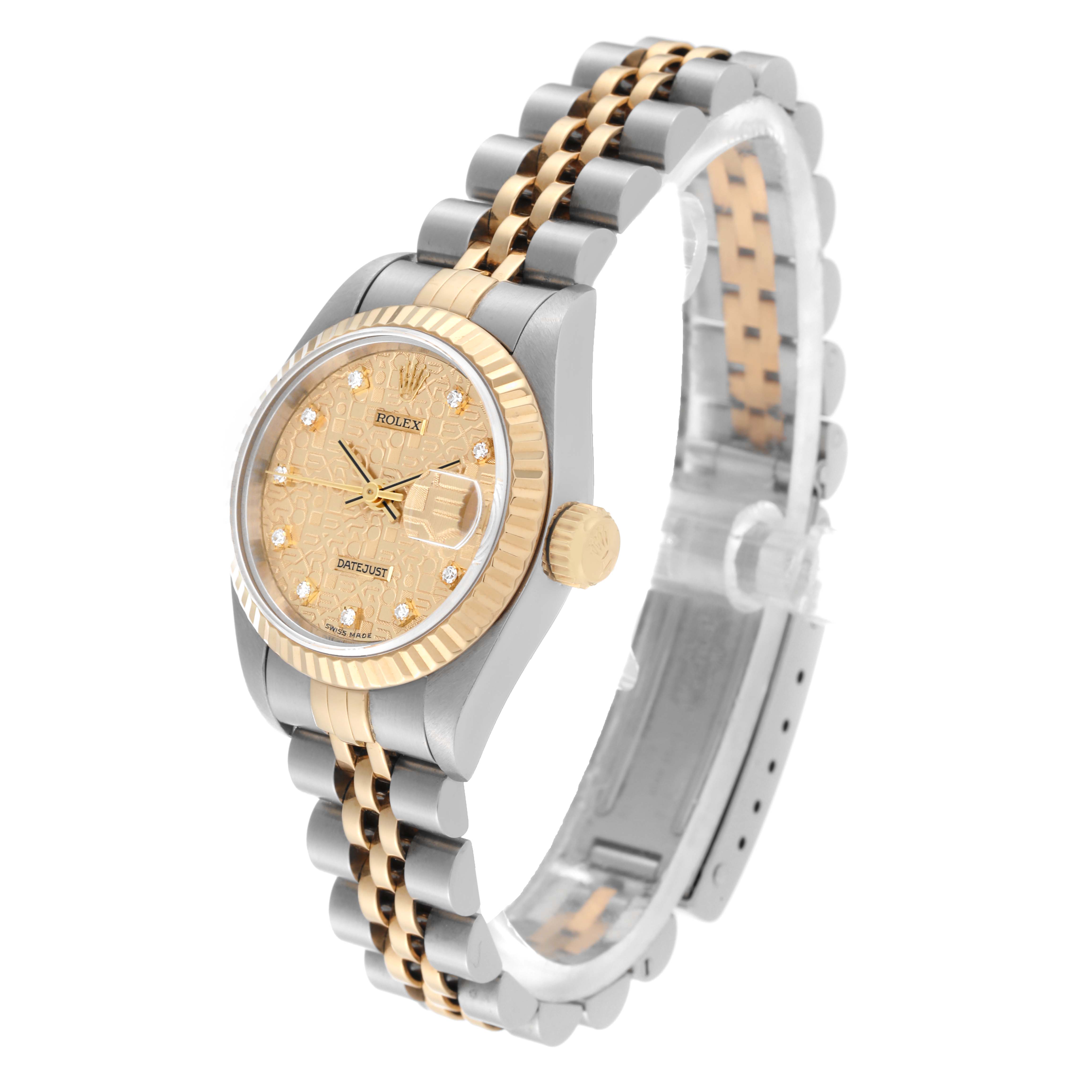 The Rolex Datejust 69173 Women's Steel and Gold (two tone) Champagne Dial 69173 Women's Steel and Gold (two tone) Champagne Dial watch is shown at an angle highlighting the face, crown, and two-tone bracelet.