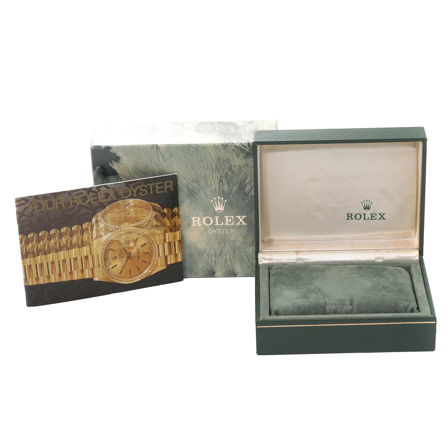 The image shows a Rolex Datejust 69173 Women's Steel and Gold (two tone) Champagne Dial 69173 Women's Steel and Gold (two tone) Champagne Dial packaging box, an open box with a cushion, and an informational booklet.