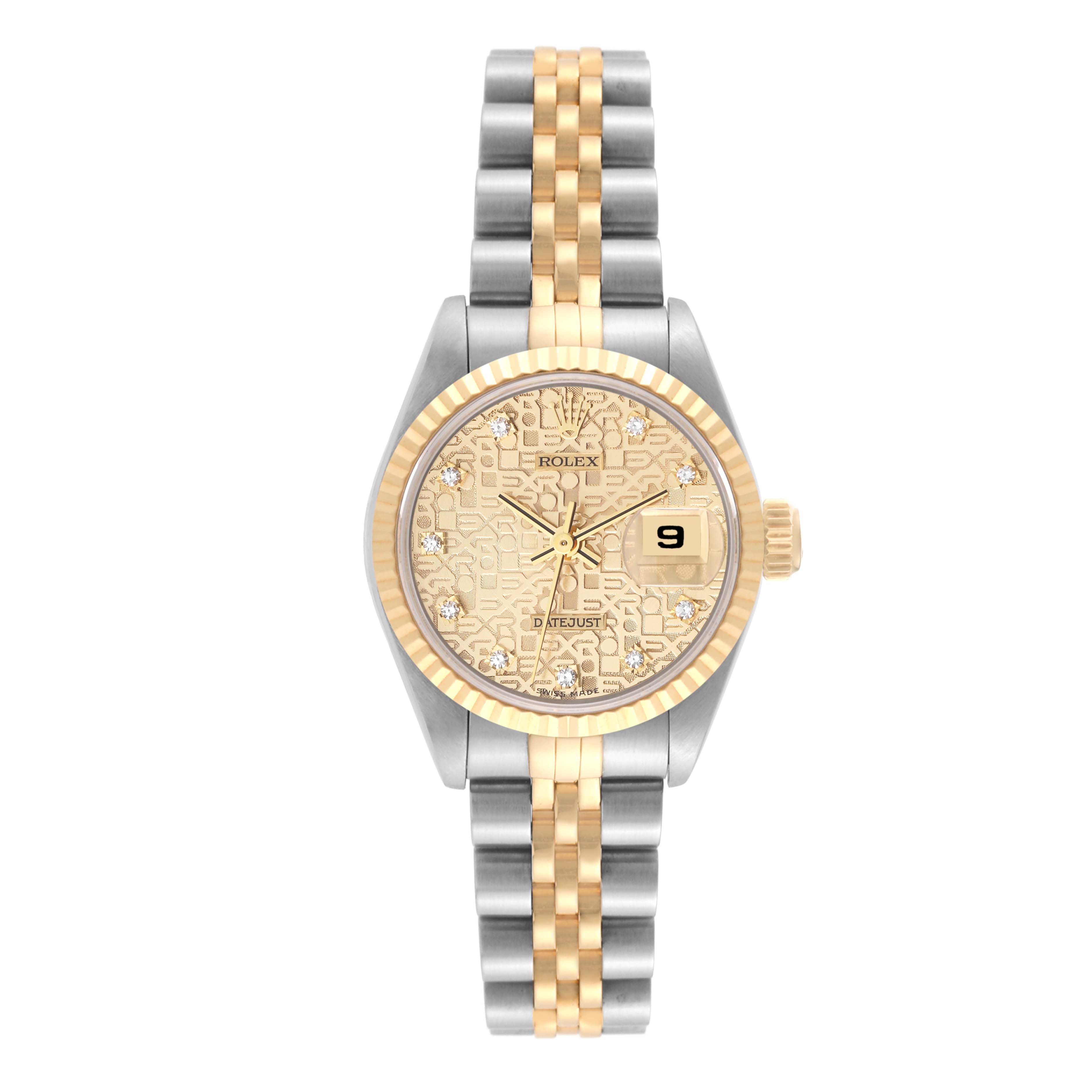 The Rolex Datejust 69173 Women's Steel and Gold (two tone) Champagne Dial 69173 Women's Steel and Gold (two tone) Champagne Dial watch is shown from the front, highlighting its dial, bezel, and two-tone bracelet.