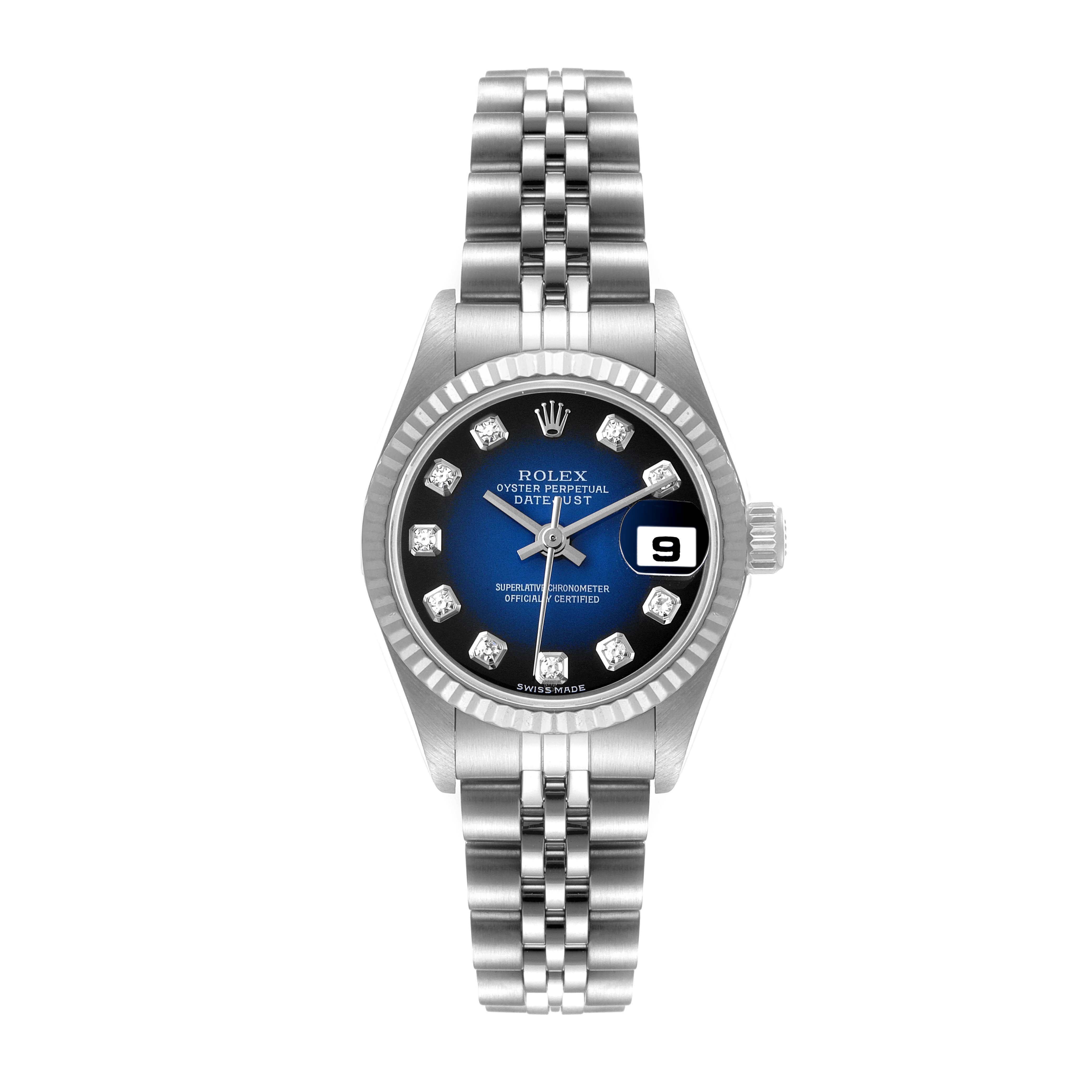 This image displays a Rolex Datejust 79174 Women's Stainless Steel Blue Dial 79174 Women's Stainless Steel Blue Dial model watch head-on, showcasing the dial, bezel, bracelet, and crown.