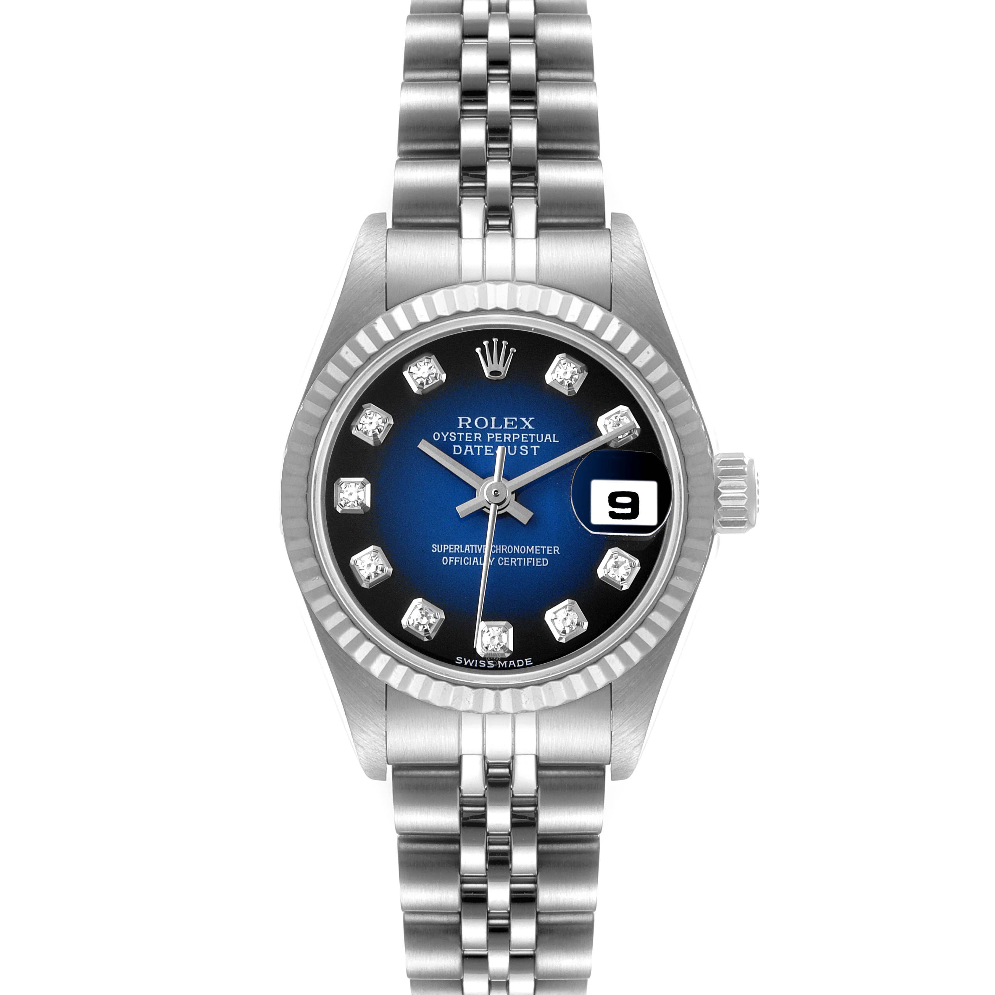 The image shows a Rolex Datejust 79174 Women's Stainless Steel Blue Dial 79174 Women's Stainless Steel Blue Dial watch from a top-down angle, highlighting the dial, bezel, bracelet, and date window.