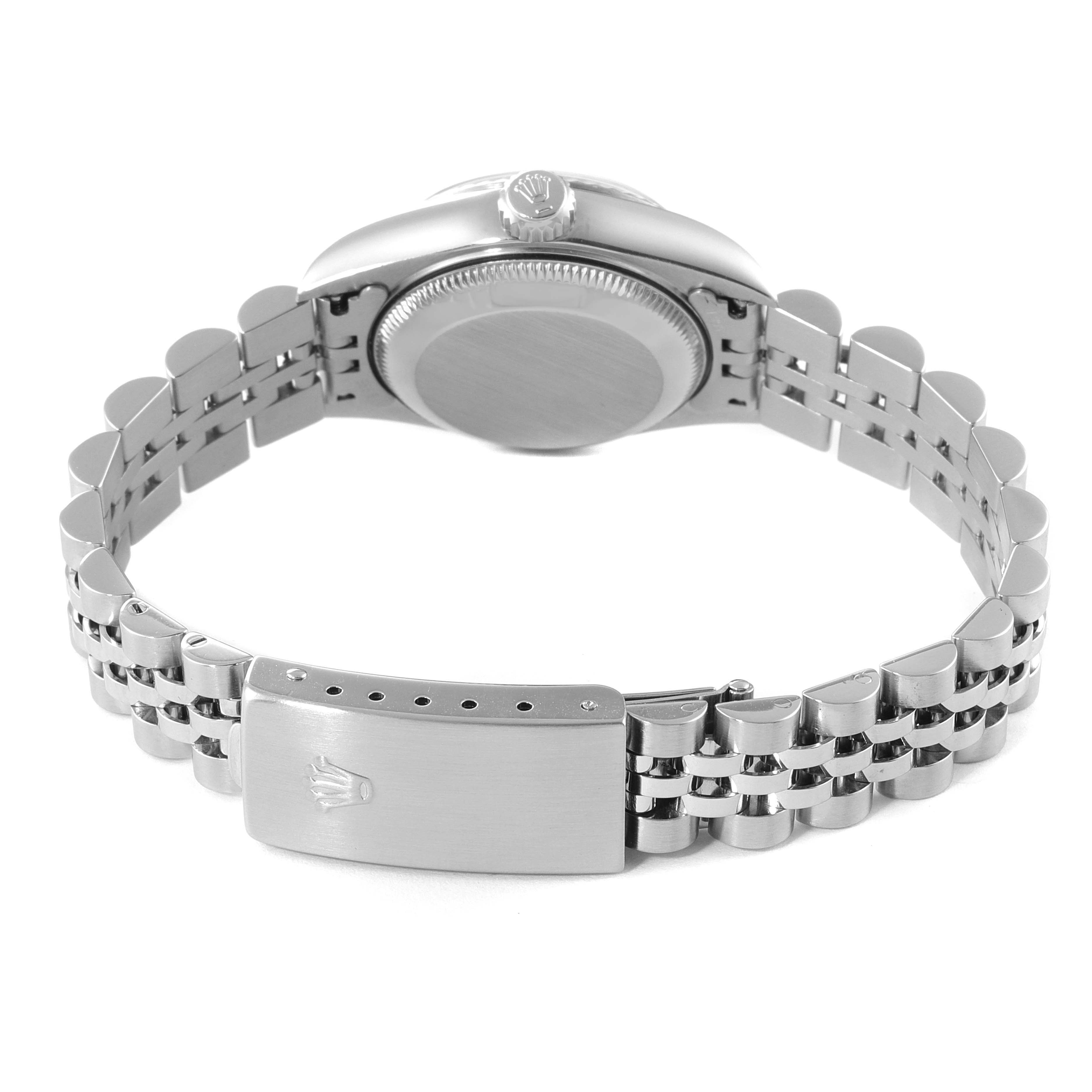 This image shows the back of a Rolex Datejust 79174 Women's Stainless Steel Blue Dial 79174 Women's Stainless Steel Blue Dial watch, focusing on the bracelet clasp and case back.