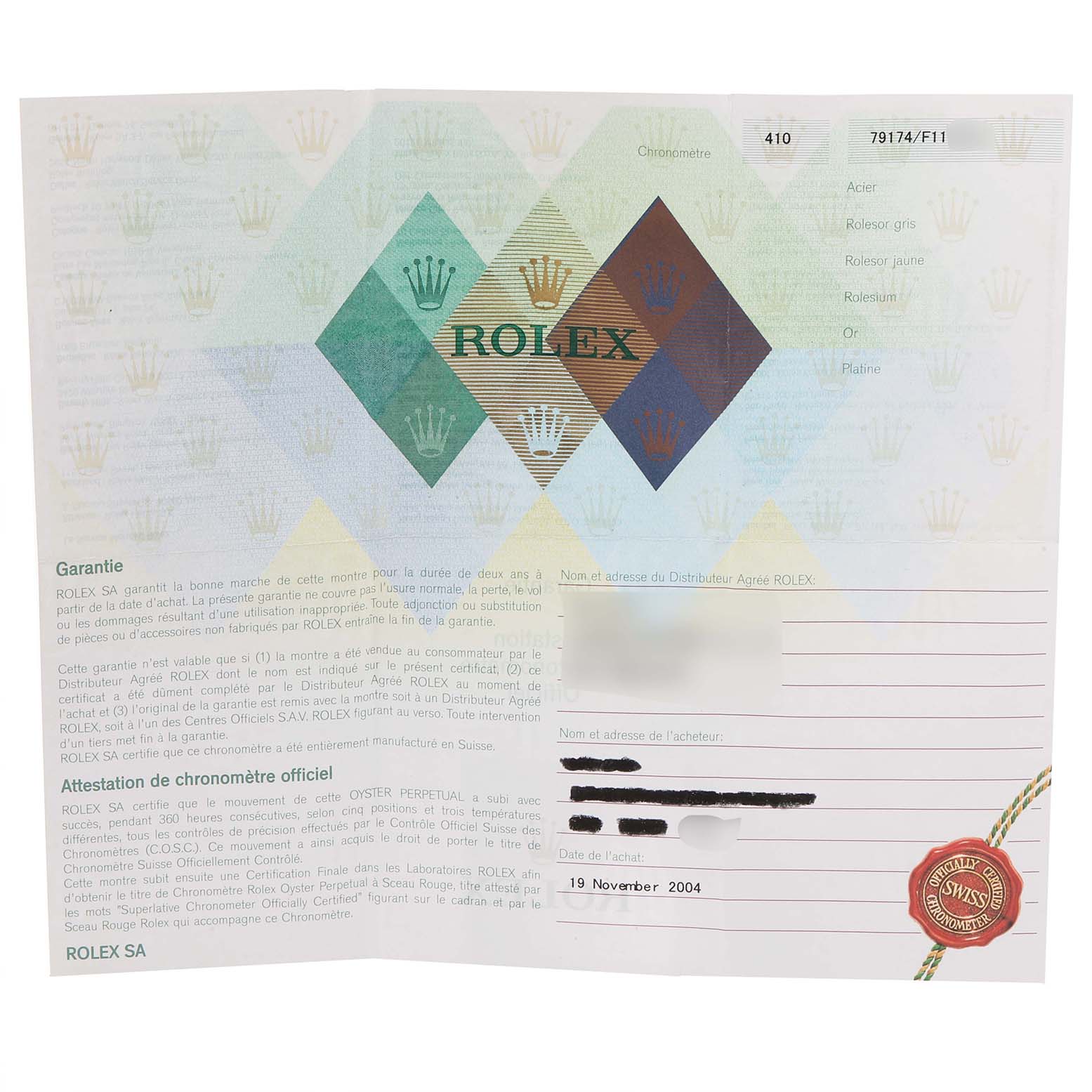 This image shows the certificate of authenticity and warranty for a Rolex Datejust 79174 Women's Stainless Steel Blue Dial 79174 Women's Stainless Steel Blue Dial watch.