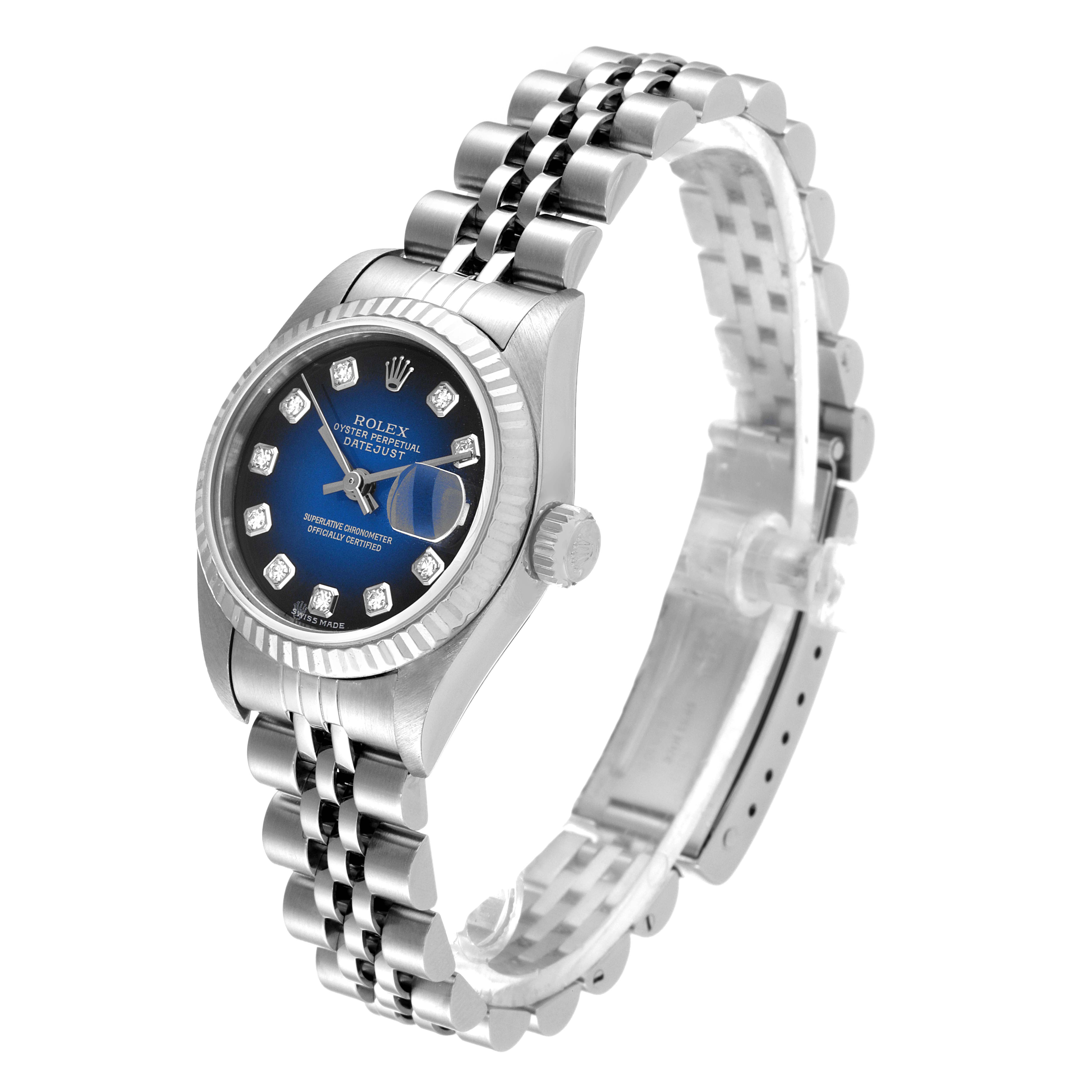 This image shows a Rolex Datejust 79174 Women's Stainless Steel Blue Dial 79174 Women's Stainless Steel Blue Dial watch at an angled view, highlighting the face, bezel, case, crown, and bracelet.