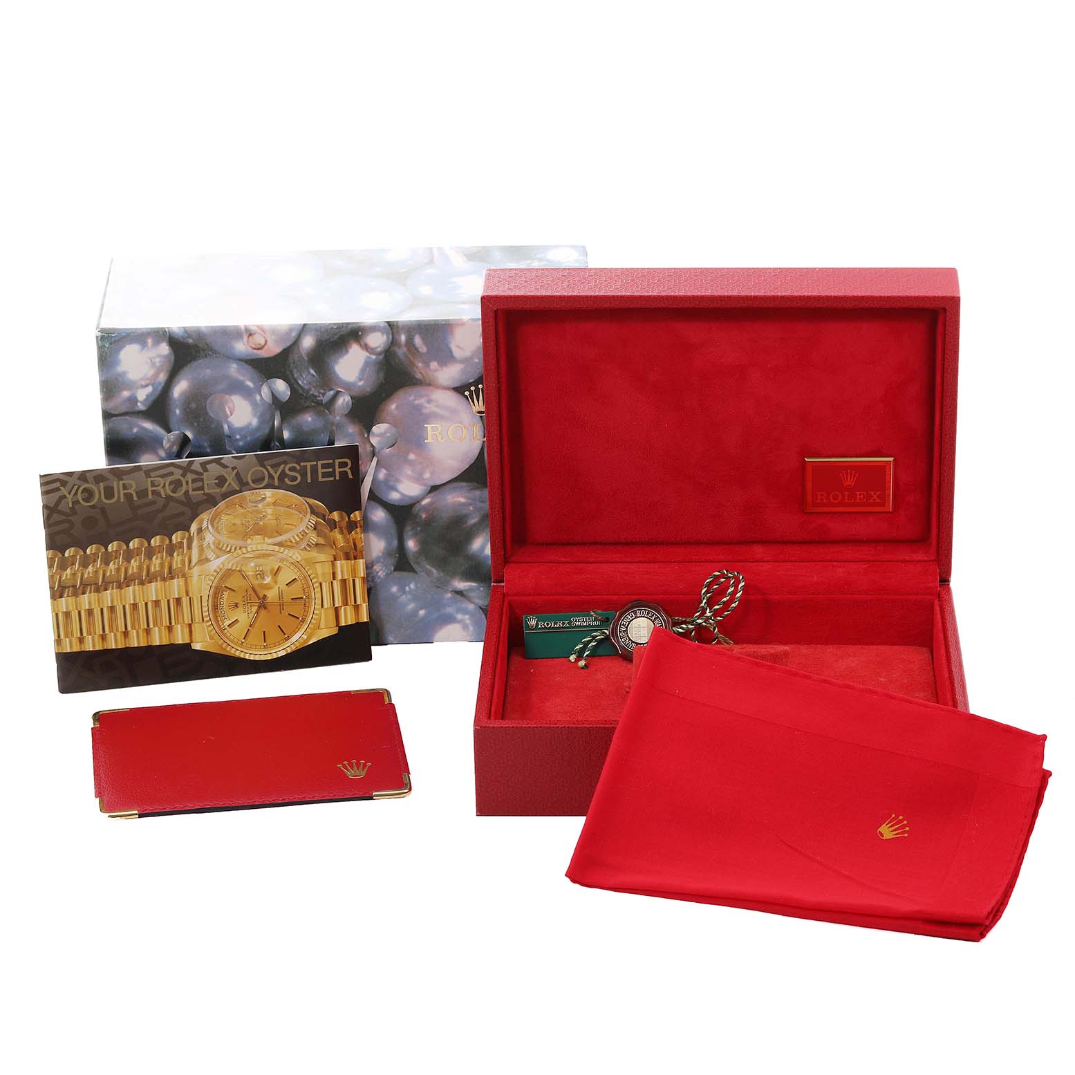 The image shows the box, booklet, tag, cardholder, and cloth for a Rolex Mid-Size 68240 Women
s Stainless Steel Silver Dial 68240 Women
s Stainless Steel Silver Dial model.