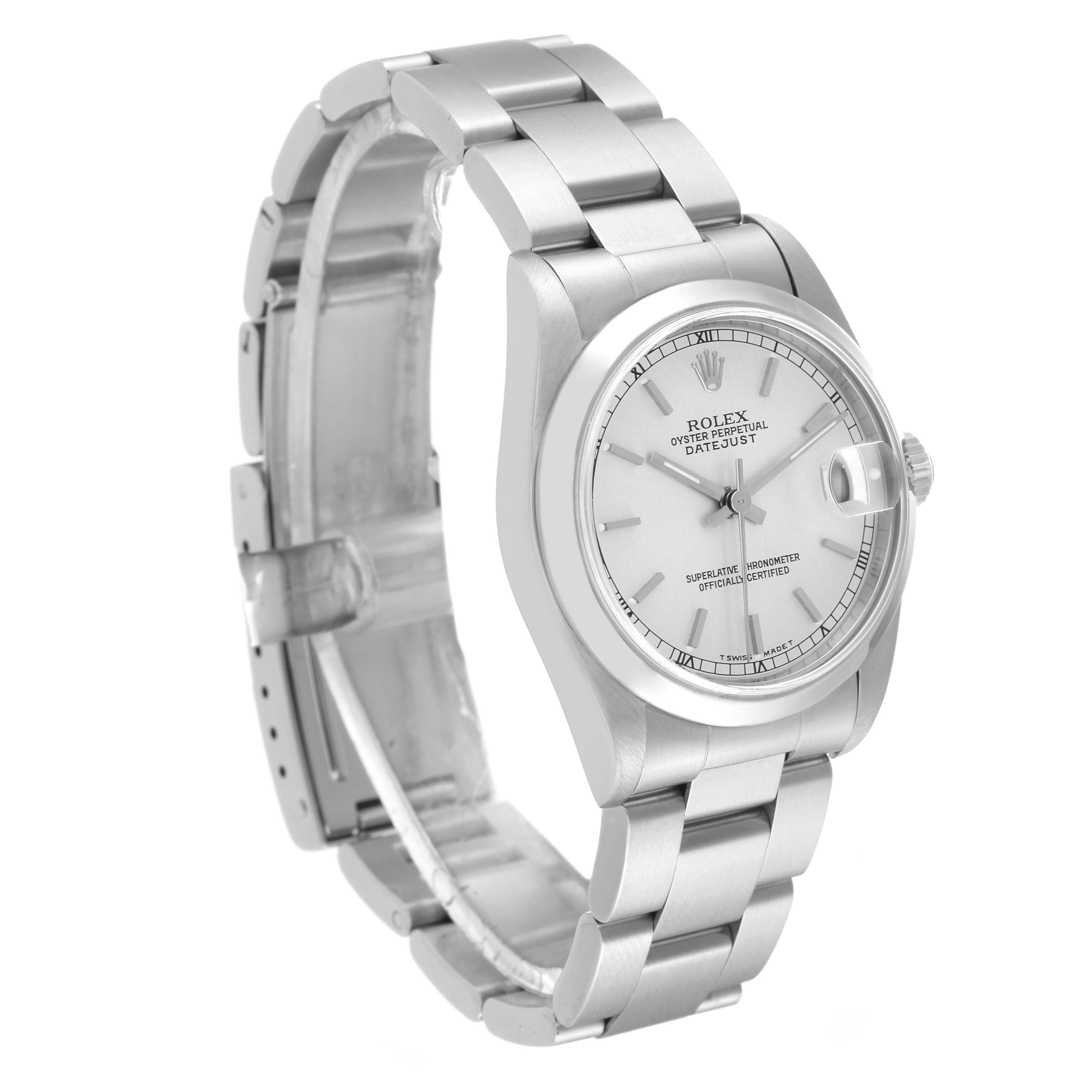 The Rolex Mid-Size 68240 Women
s Stainless Steel Silver Dial 68240 Women
s Stainless Steel Silver Dial model is shown at a front-left angle, displaying its face, bezel, and bracelet.