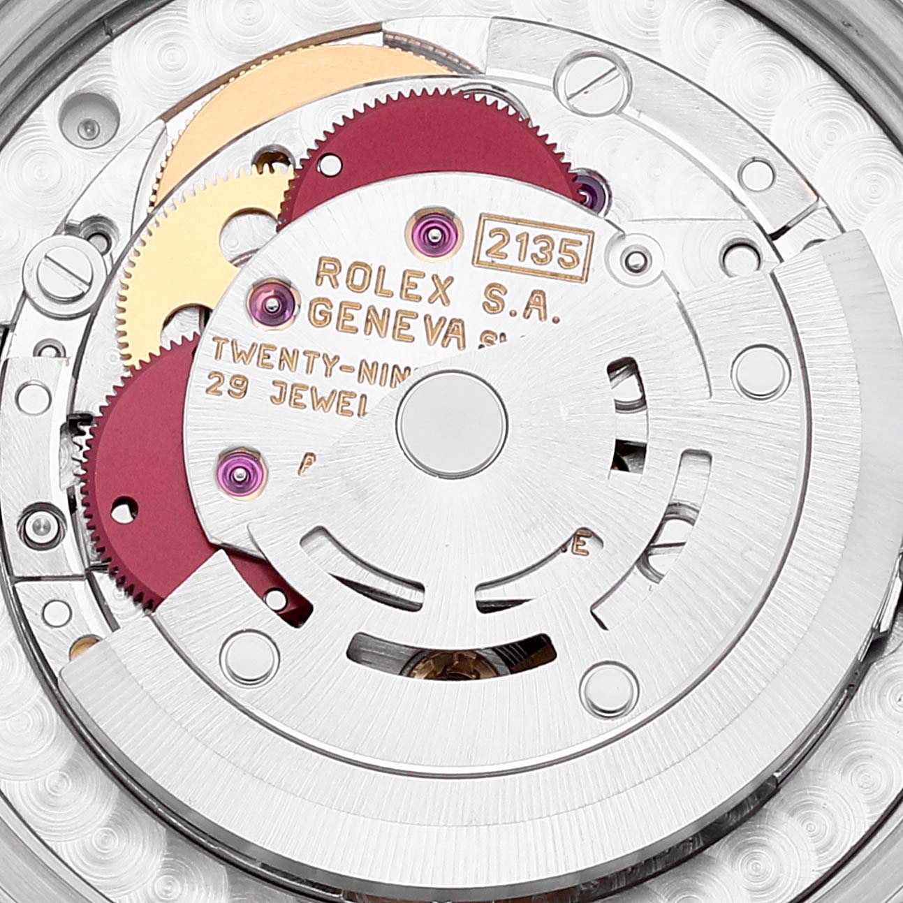 This is a detailed view of the Rolex Mid-Size 68240 Women
s Stainless Steel Silver Dial 68240 Women
s Stainless Steel Silver Dial watch movement from an internal angle.