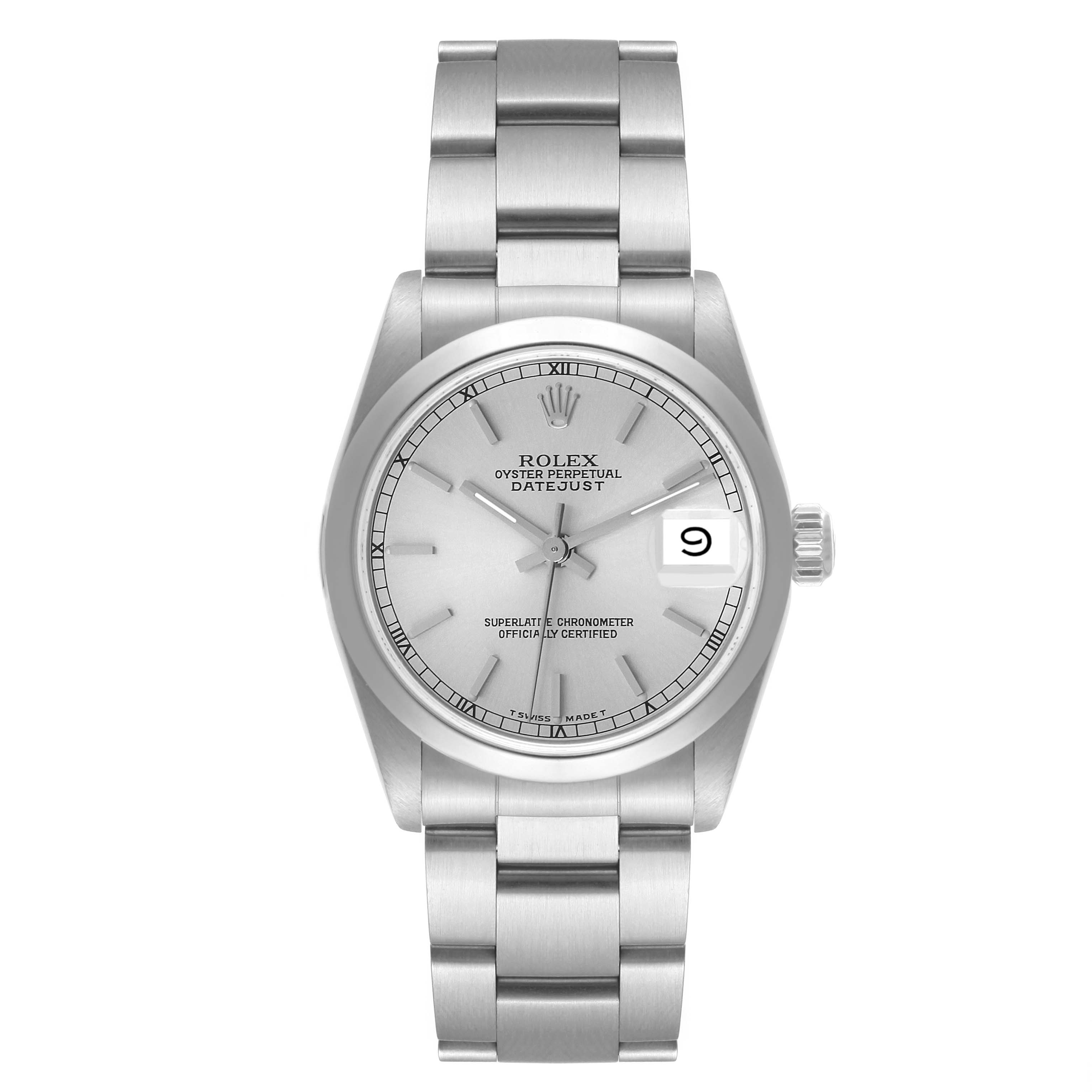 A front view of a Rolex Mid-Size 68240 Women
s Stainless Steel Silver Dial 68240 Women
s Stainless Steel Silver Dial Datejust watch displaying the dial, bracelet, and crown.