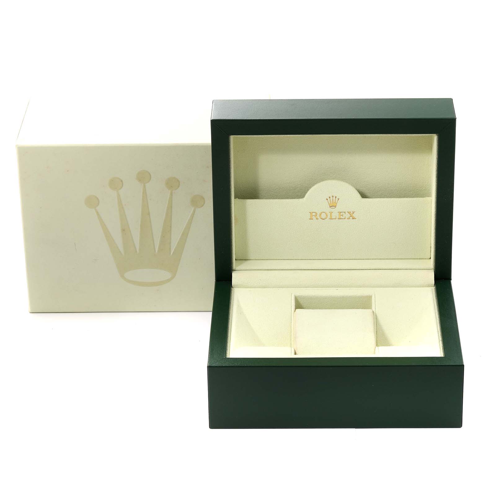 The image shows an open green and beige Rolex box for a Mid-Size model watch, with the outer box included.