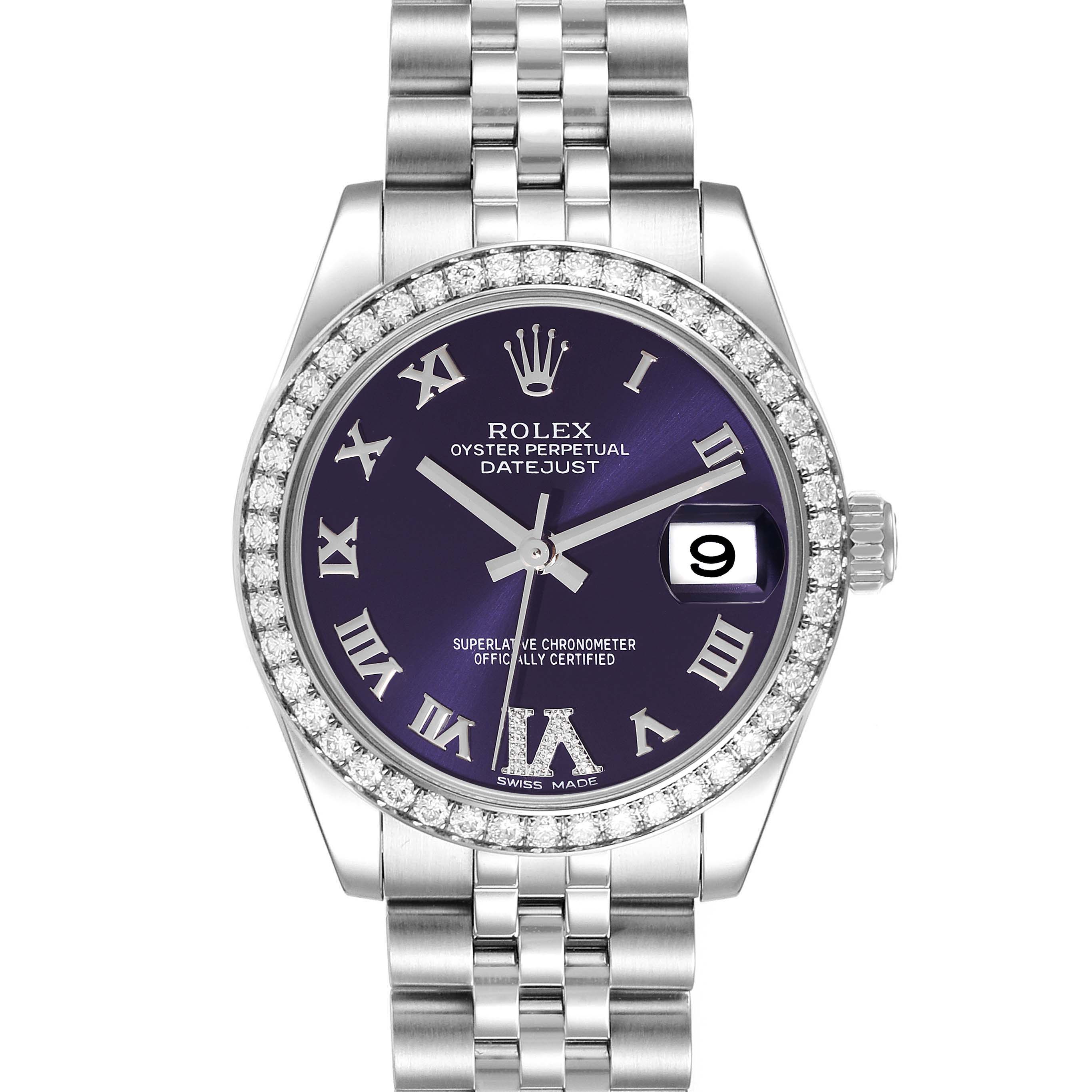 The image shows the face, bezel, crown, and bracelet of a Rolex Mid-Size 178384 Women's Stainless Steel Purple Dial 178384 Women's Stainless Steel Purple Dial Oyster Perpetual Datejust watch from a front angle.