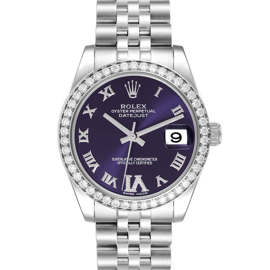 Rolex Datejust Midsize Steel White Gold Purple Dial Diamond Ladies Watch 178384 SwissWatchExpo