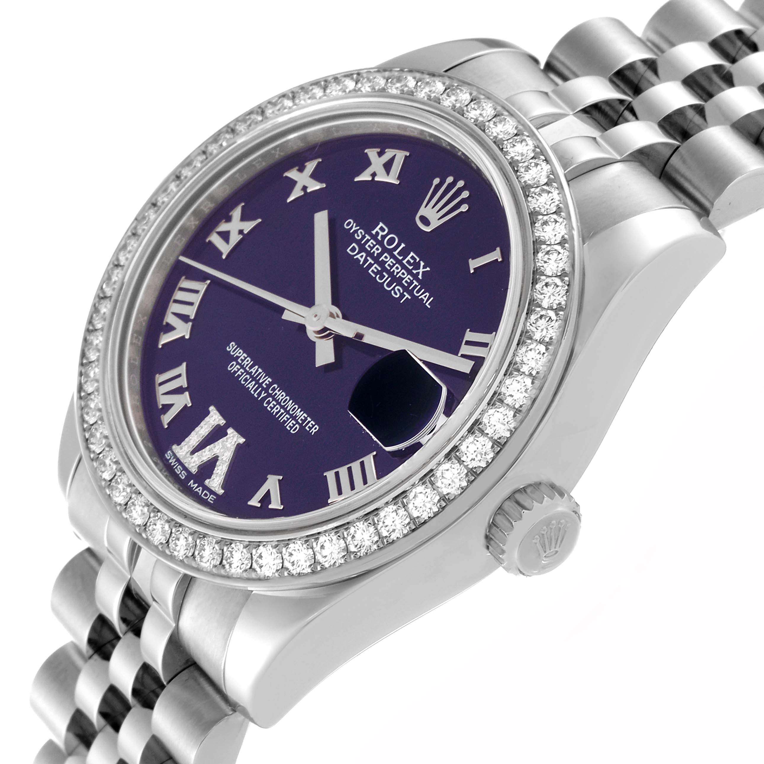 This Rolex Mid-Size 178384 Women's Stainless Steel Purple Dial 178384 Women's Stainless Steel Purple Dial watch is shown from a three-quarters angle, displaying its purple dial, diamond bezel, and Jubilee bracelet.