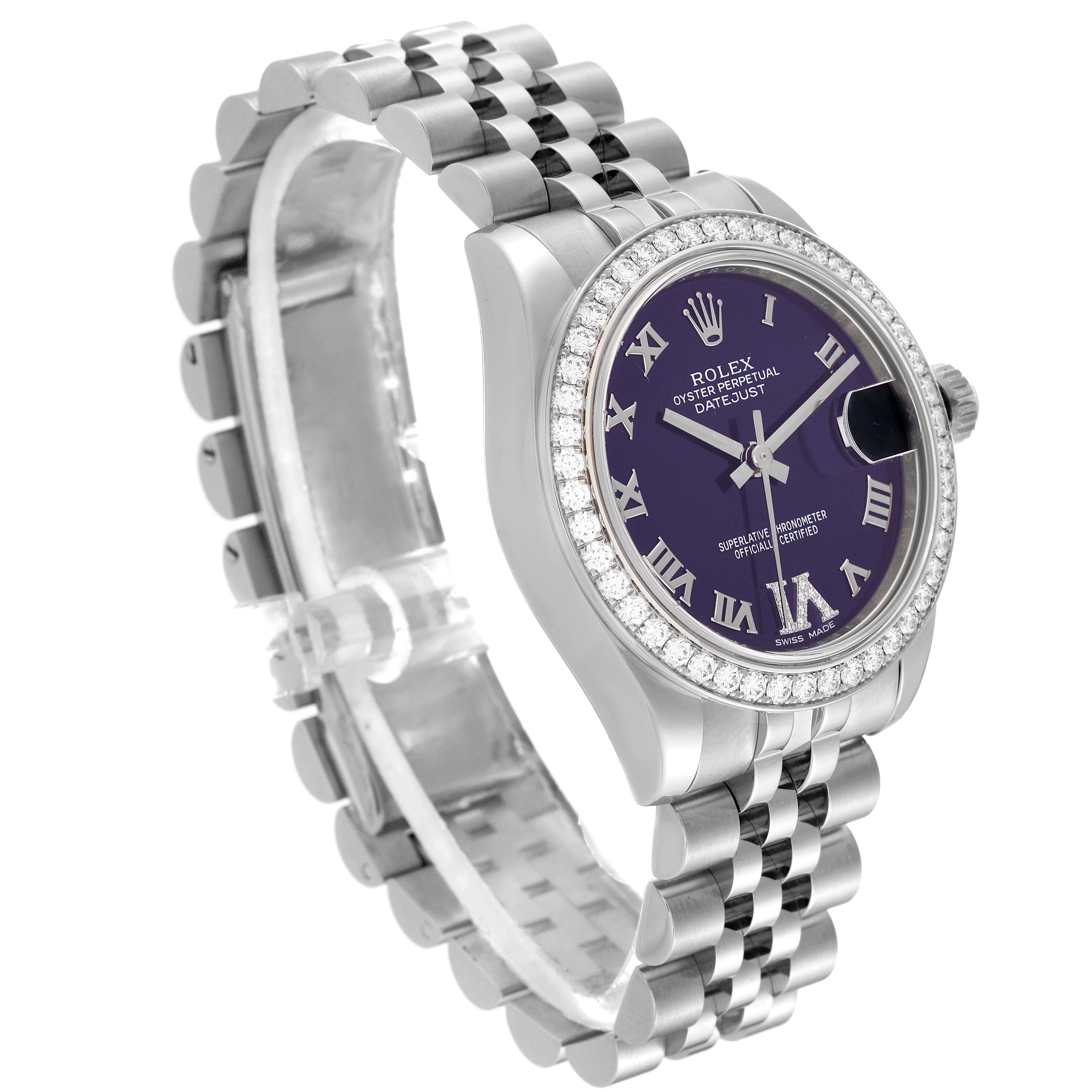 The image shows a Rolex Mid-Size 178384 Women's Stainless Steel Purple Dial 178384 Women's Stainless Steel Purple Dial Datejust watch at a three-quarter angle, highlighting the bracelet, bezel, dial, and crown.