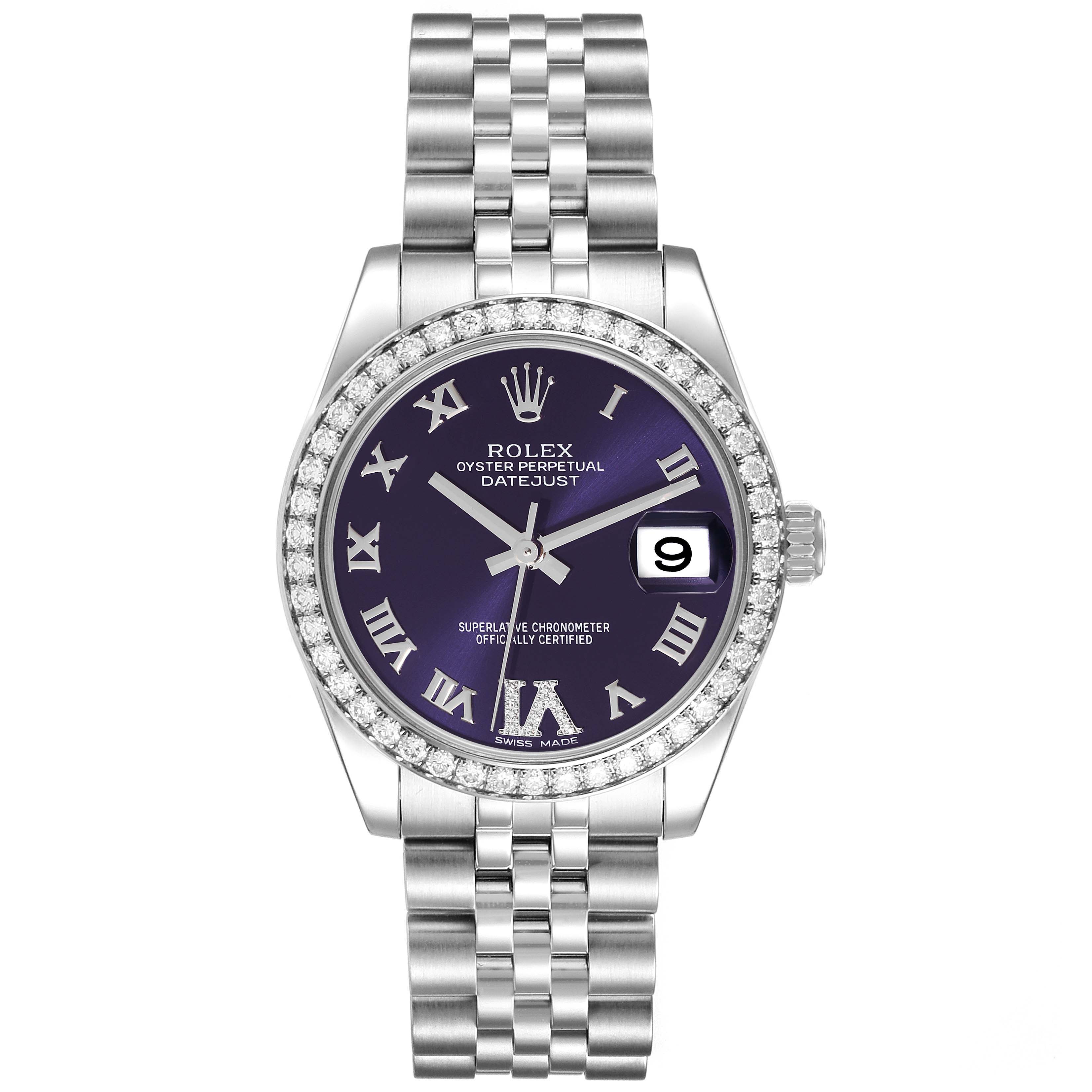 The image shows a front view of the Rolex Oyster Perpetual Datejust Mid-Size watch, displaying the dial, bezel, and bracelet.
