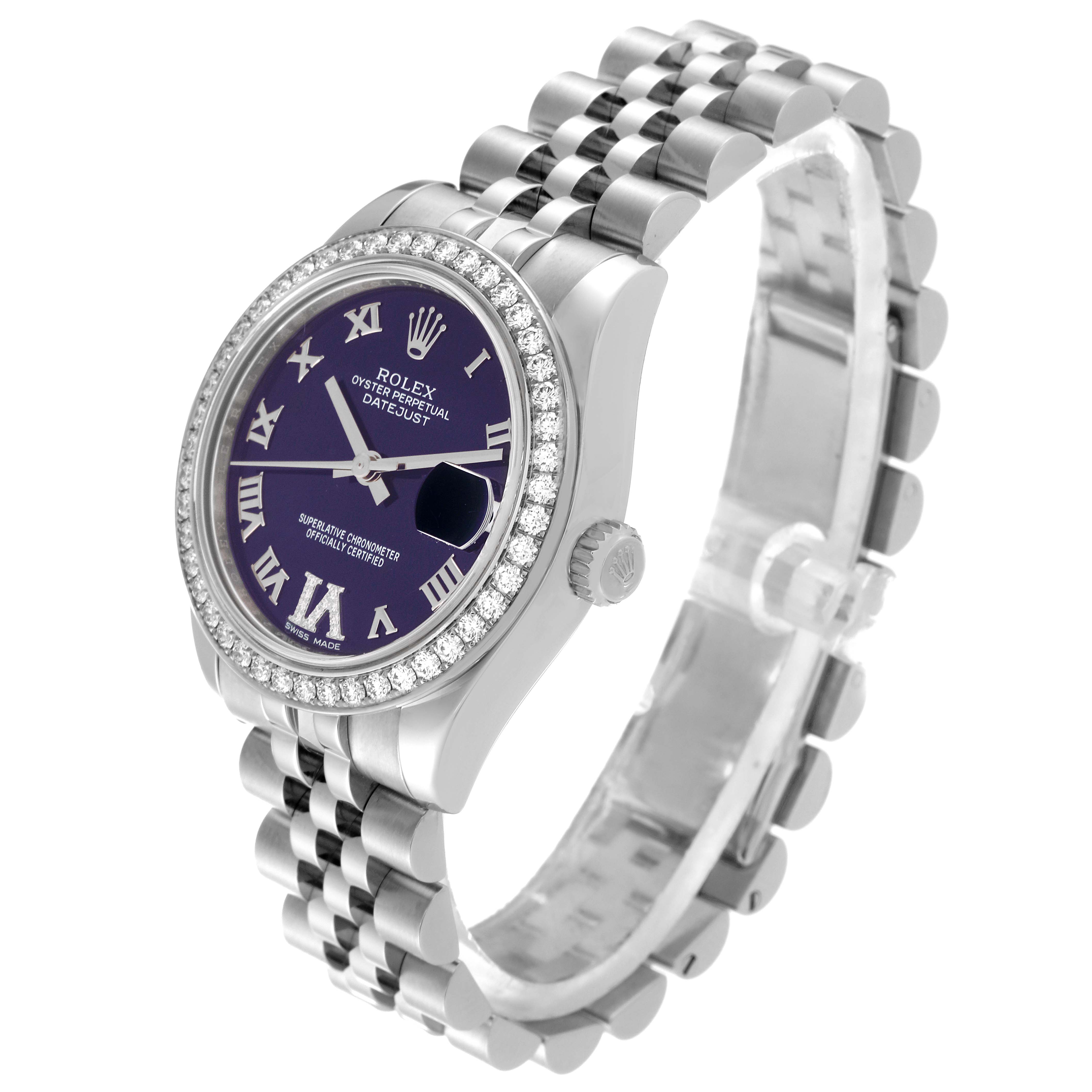 This image shows a side angle of the Rolex Mid-Size 178384 Women's Stainless Steel Purple Dial 178384 Women's Stainless Steel Purple Dial watch, highlighting its dial, bezel, and bracelet.