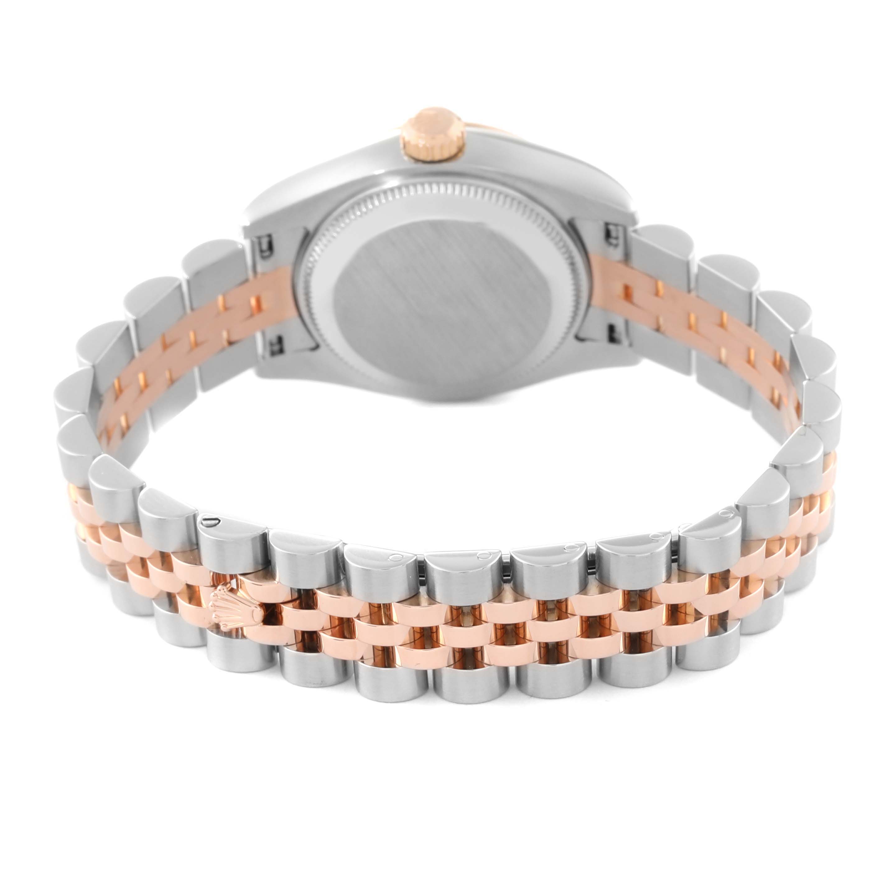 This image shows the back and bracelet of a Rolex Datejust 179171 Women's Steel and Gold (two tone) Silver Dial 179171 Women's Steel and Gold (two tone) Silver Dial watch with a two-tone design.