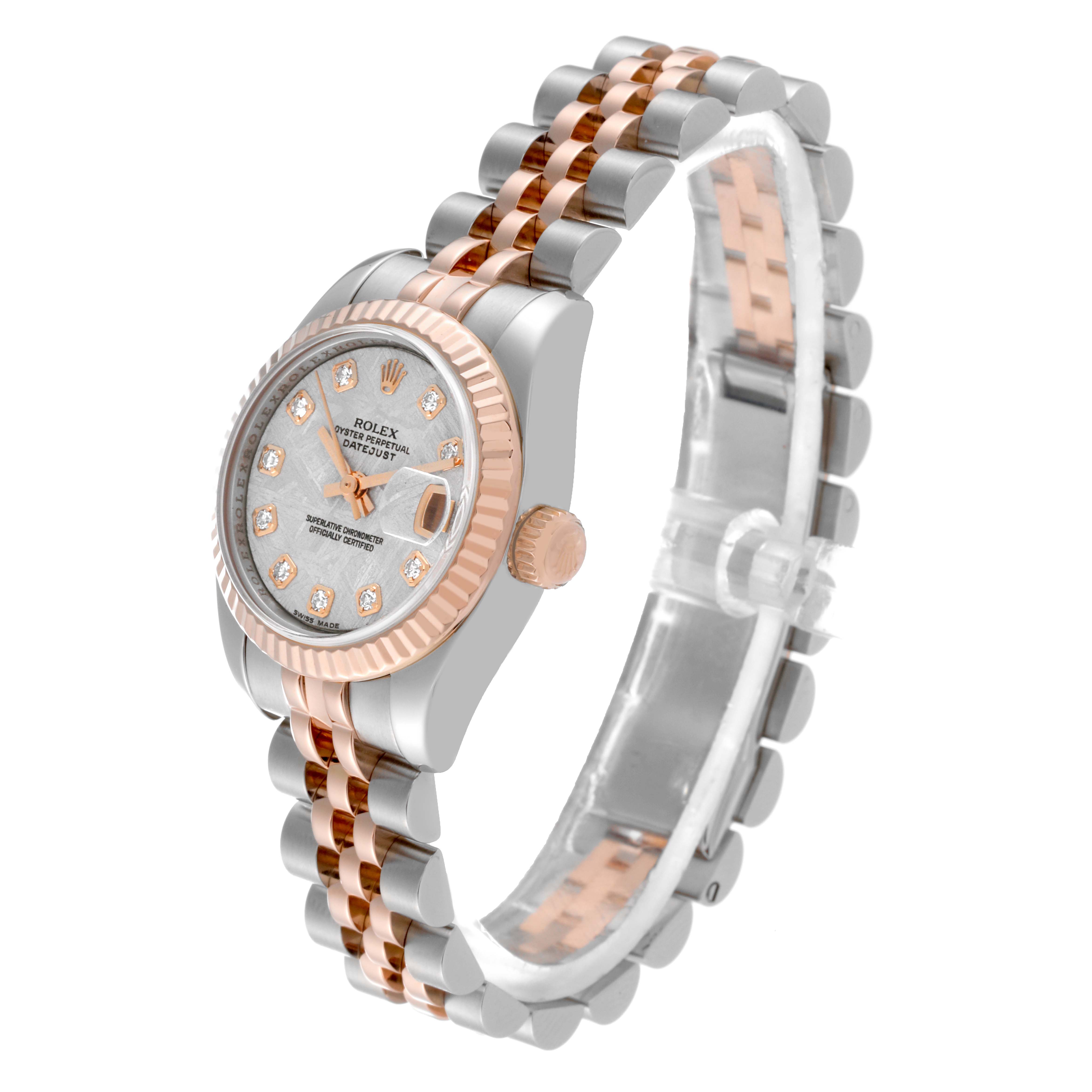 The Rolex Datejust 179171 Women's Steel and Gold (two tone) Silver Dial 179171 Women's Steel and Gold (two tone) Silver Dial watch is shown at an angled view, highlighting its face, bezel, crown, and Jubilee bracelet.