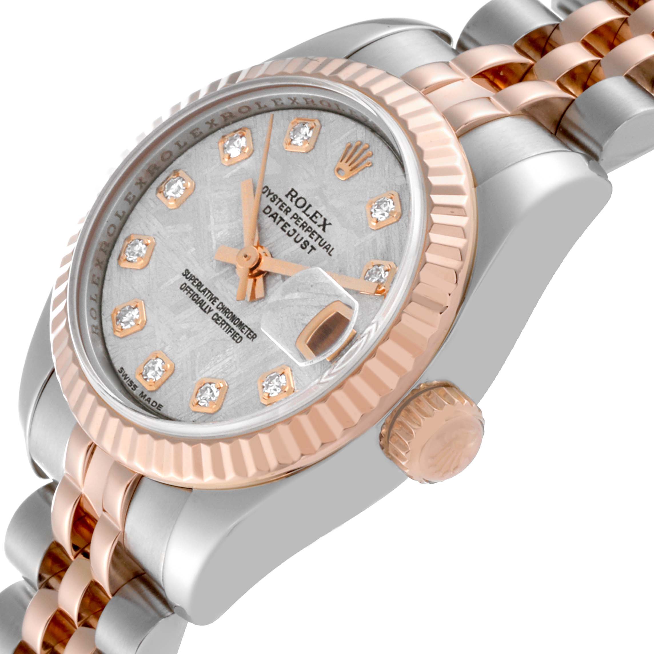 This image shows a close-up side angle of a Rolex Datejust 179171 Women's Steel and Gold (two tone) Silver Dial 179171 Women's Steel and Gold (two tone) Silver Dial watch showcasing its crown, bezel, and part of the bracelet.