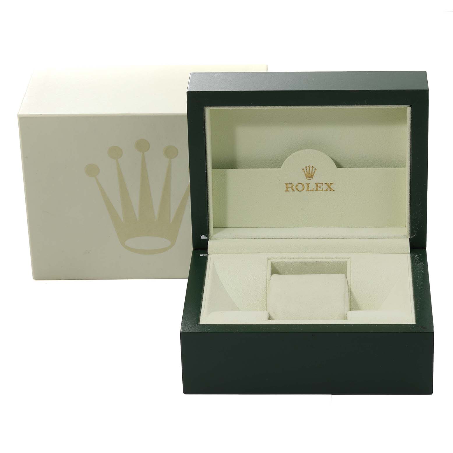 A Datejust Rolex watch box is shown from the front, displaying the inner and outer packaging.