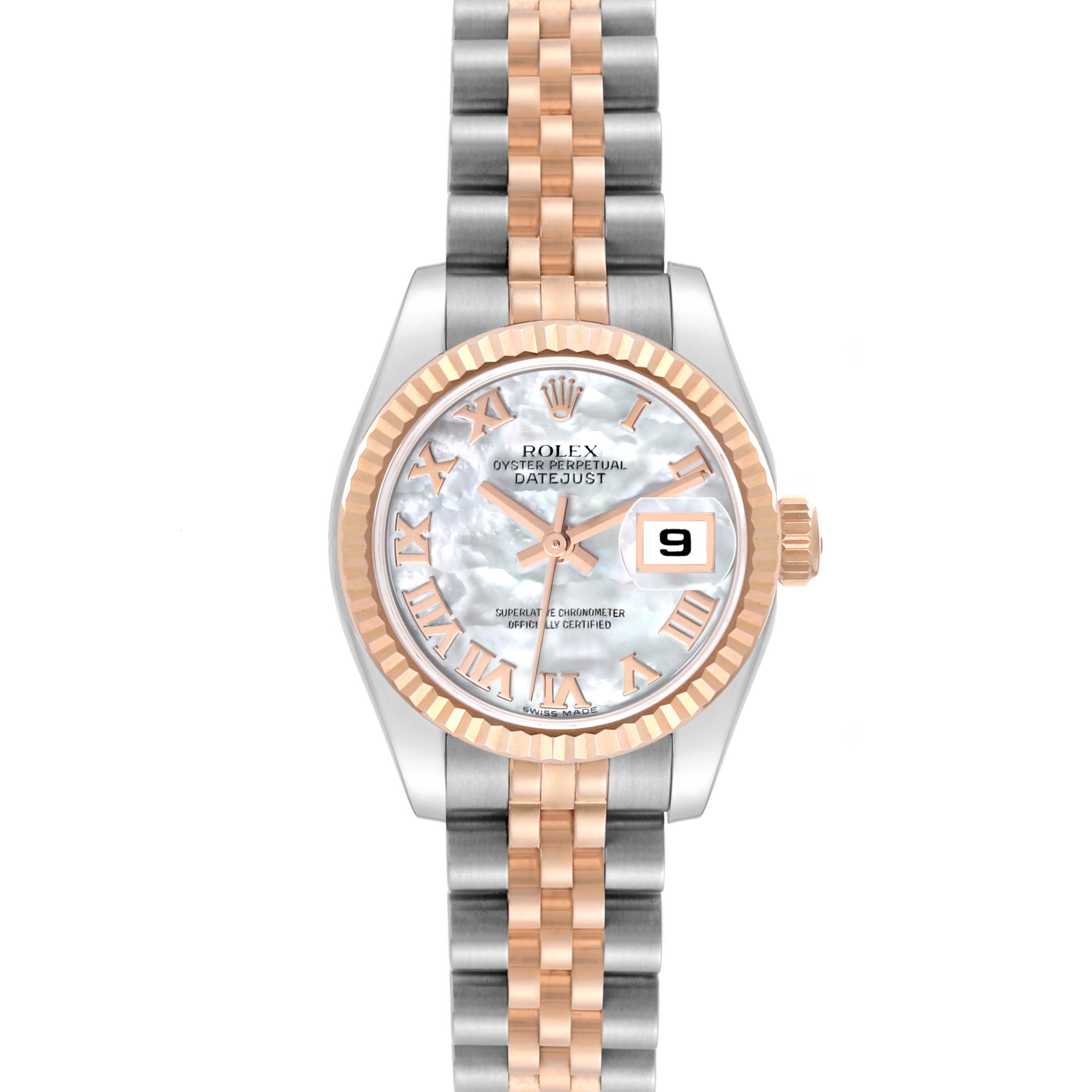 The Rolex Datejust 179171 Women's Steel and Gold (two tone) Mother of Pearl Dial 179171 Women's Steel and Gold (two tone) Mother of Pearl Dial watch is shown from a front angle, highlighting its dial, fluted bezel, and Jubilee bracelet.